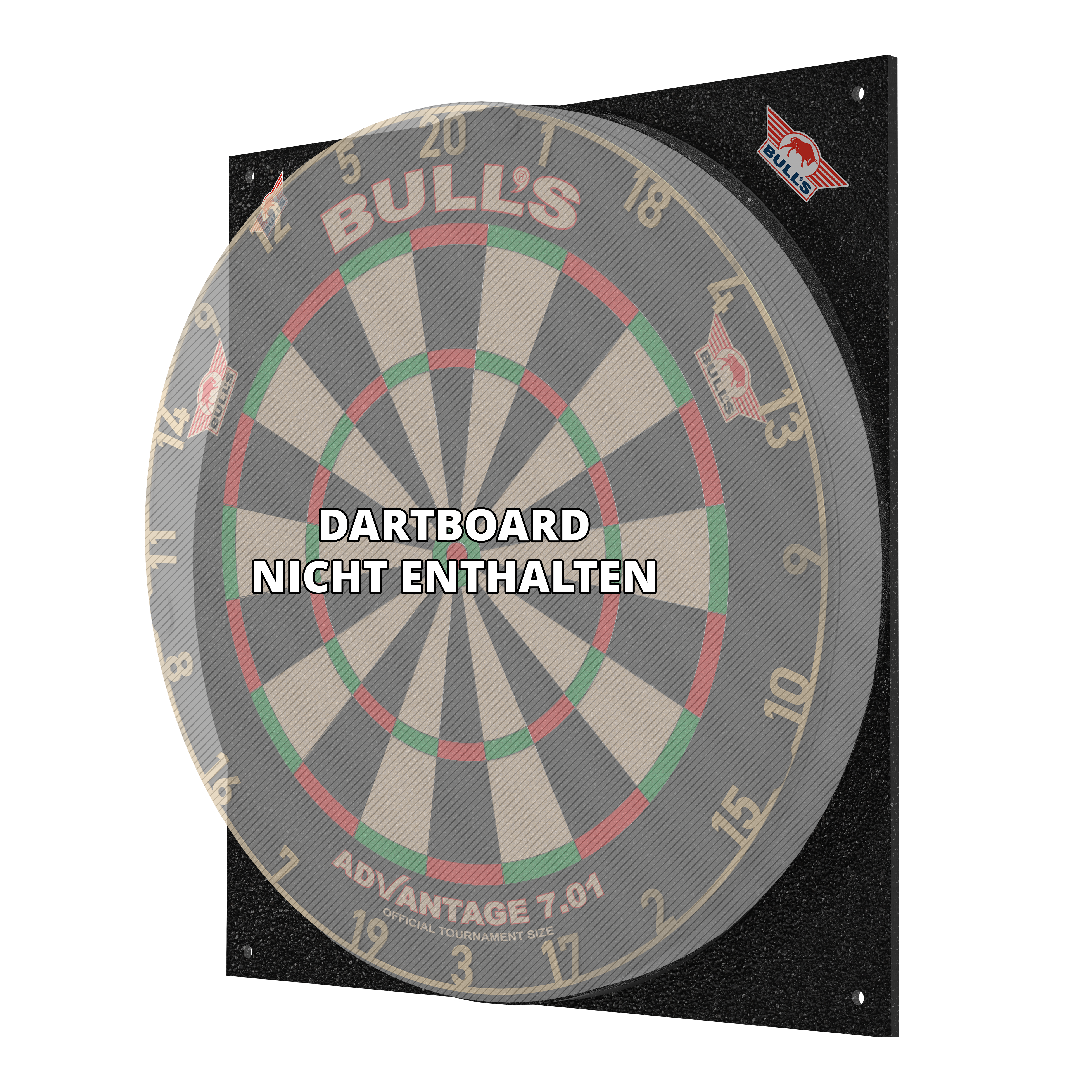 Tłumik tarczy do darta Bulls NL Das Bild zeigt den Bulls NL Dartboard Silencer, ein schallreduzierendes Board für Dartspiele. Auf dem Bild steht, dass das Dartboard nicht enthalten ist.