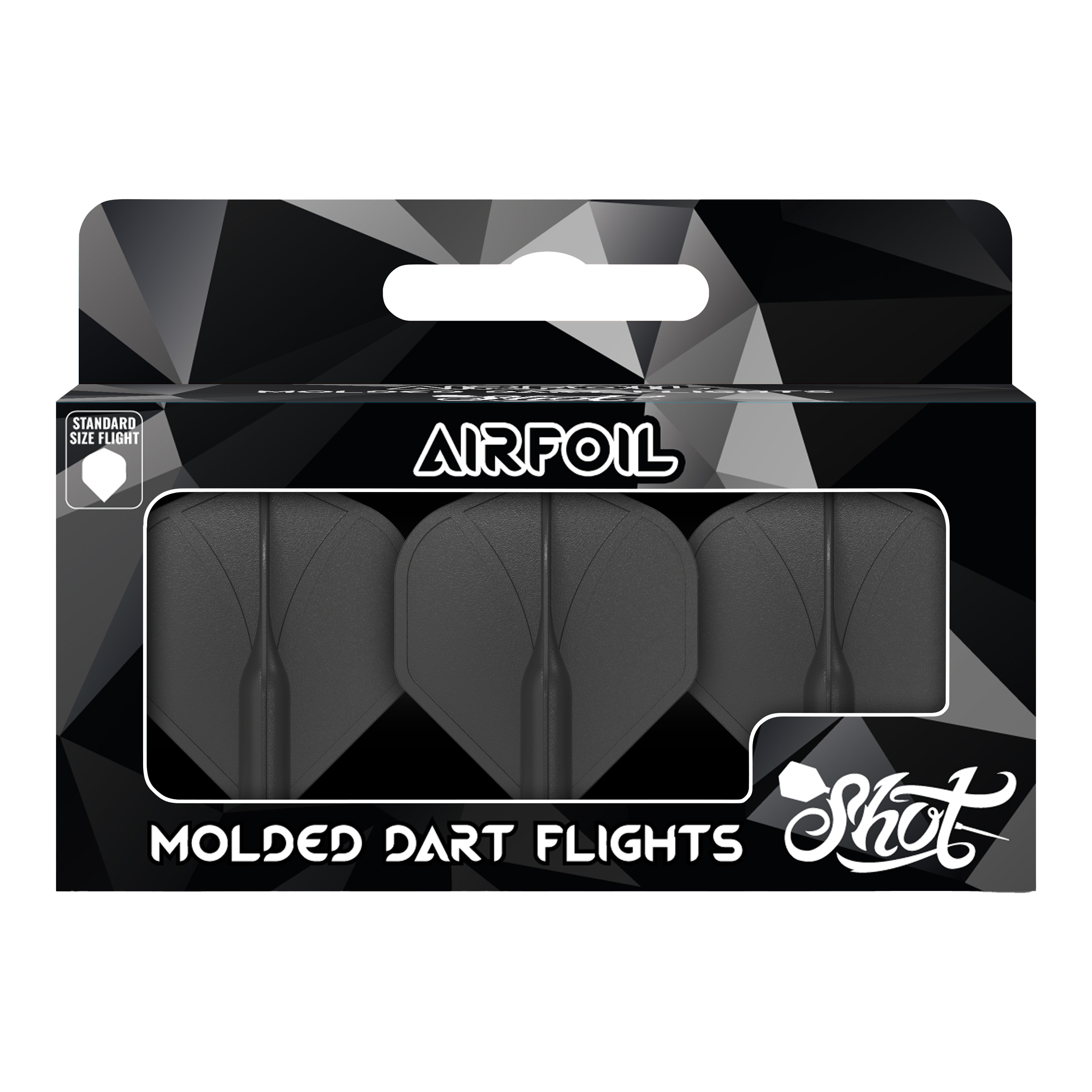 Loty standardowe nr 2 formowane metodą śrutowania Auf dem Bild ist eine Packung mit drei schwarzen, geformten Dartflights zu sehen. Die Verpackung trägt die Aufschrift „Airfoil“ und „Molded Dart Flights“ der Marke Shot.