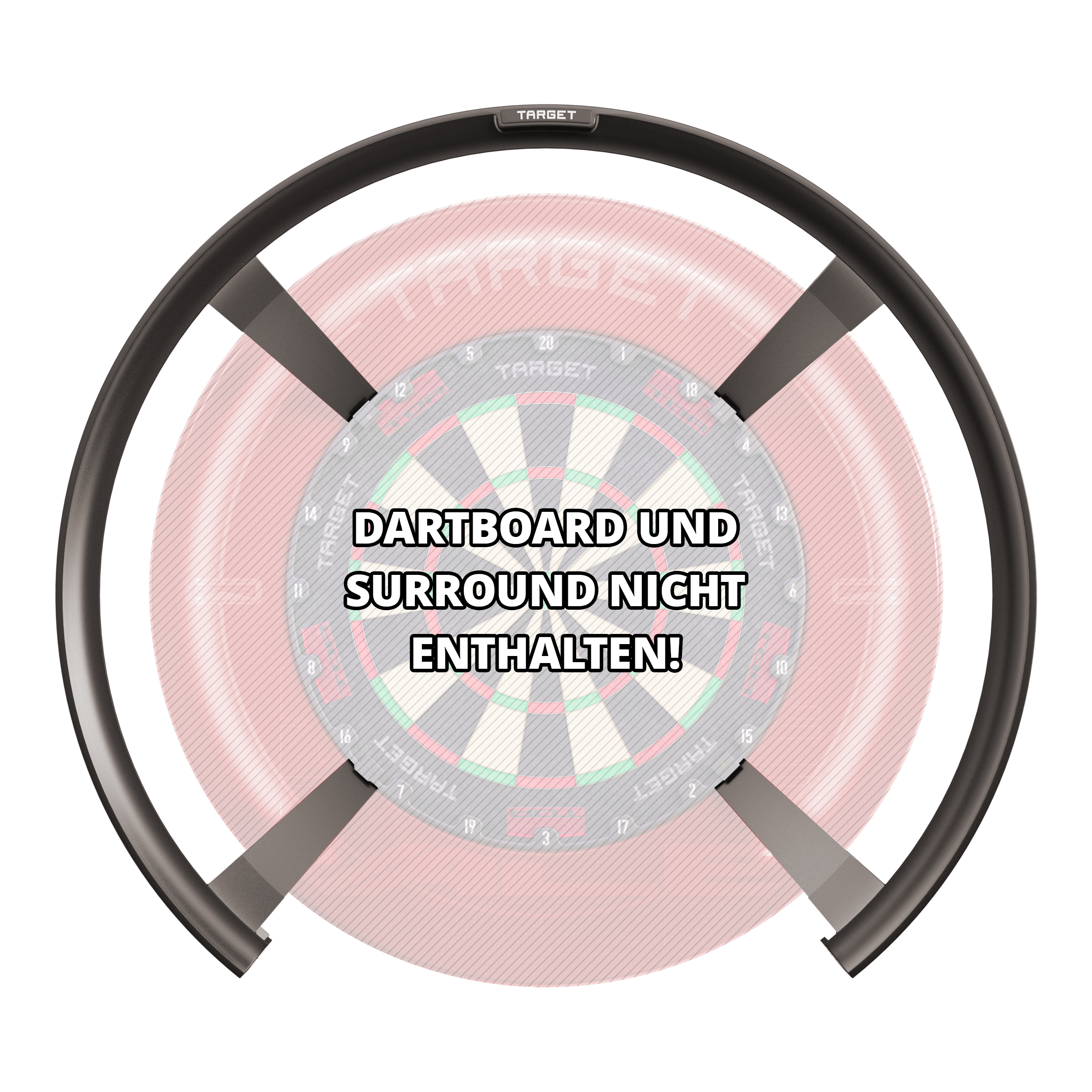 System automatycznego punktowania Target OMNI Das Bild zeigt das Produkt "Target OMNI Auto-Scoring-System" vor einem Dartboard. In der Mitte steht der Hinweis: "DARTBOARD UND SURROUND NICHT ENTHALTEN!"