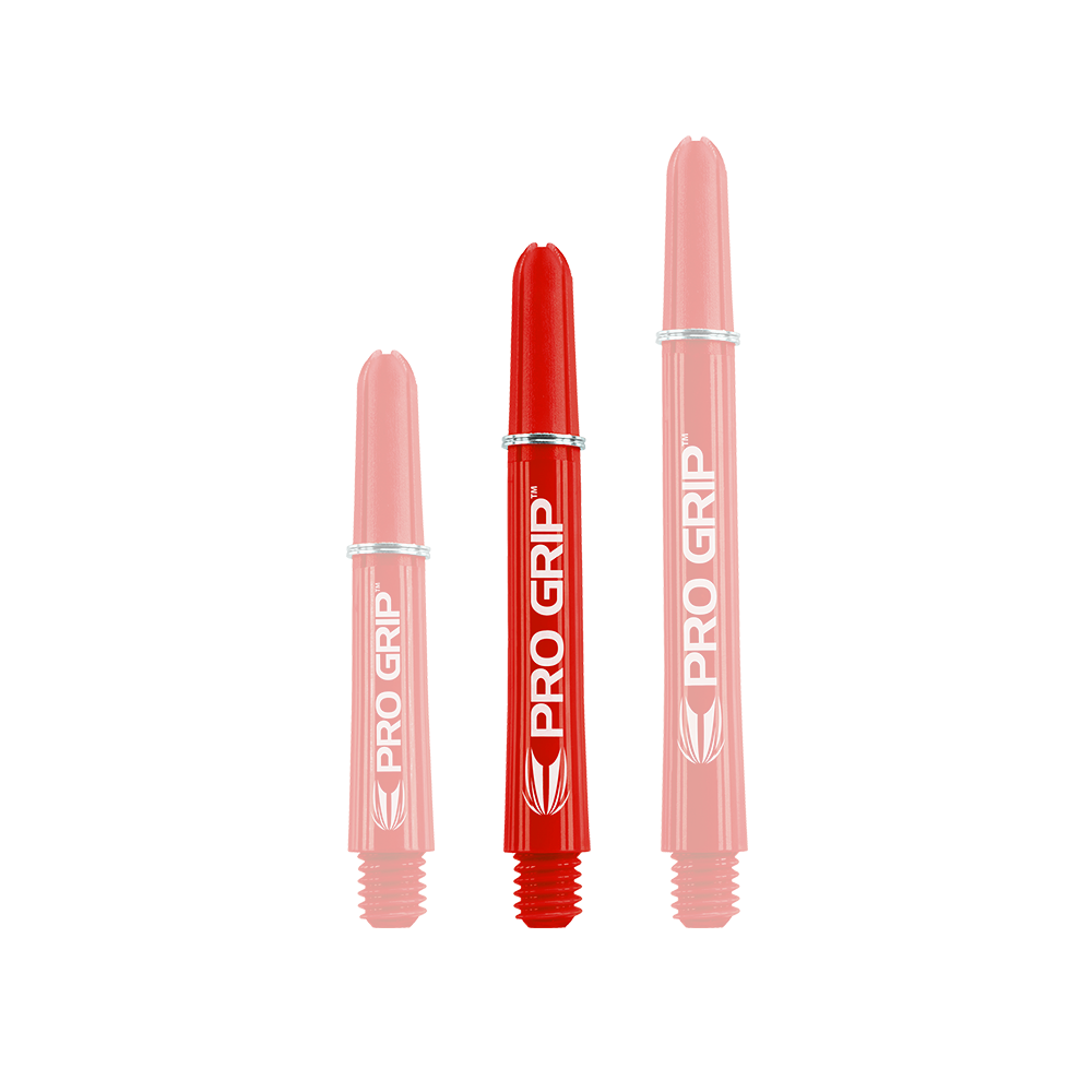 Wałki Target Pro Grip - 3 zestawy - czerwone Das Bild zeigt drei rote "Pro Grip" Shafts für Dartpfeile in unterschiedlichen Längen. Alle drei Shafts haben die weiße Aufschrift "PRO GRIP" und ein Logo.