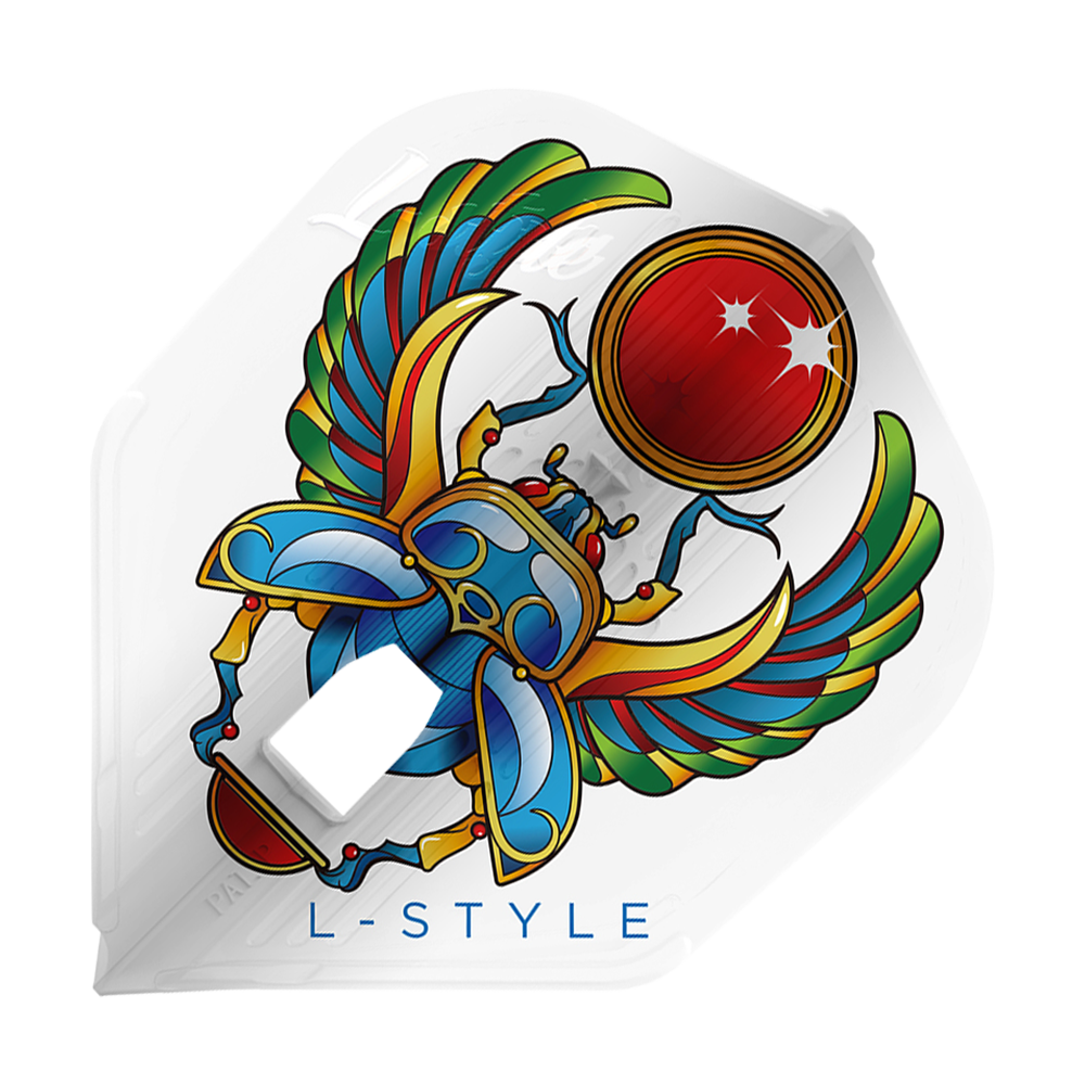 Loty Anastasia Dobromyslova V3 White L3KAMI w stylu L Das Bild zeigt ein Dart-Flight mit einem bunten Skarabäus-Design, der eine rote Kugel hält. Unten steht der Text "L-STYLE" auf weißem Hintergrund.