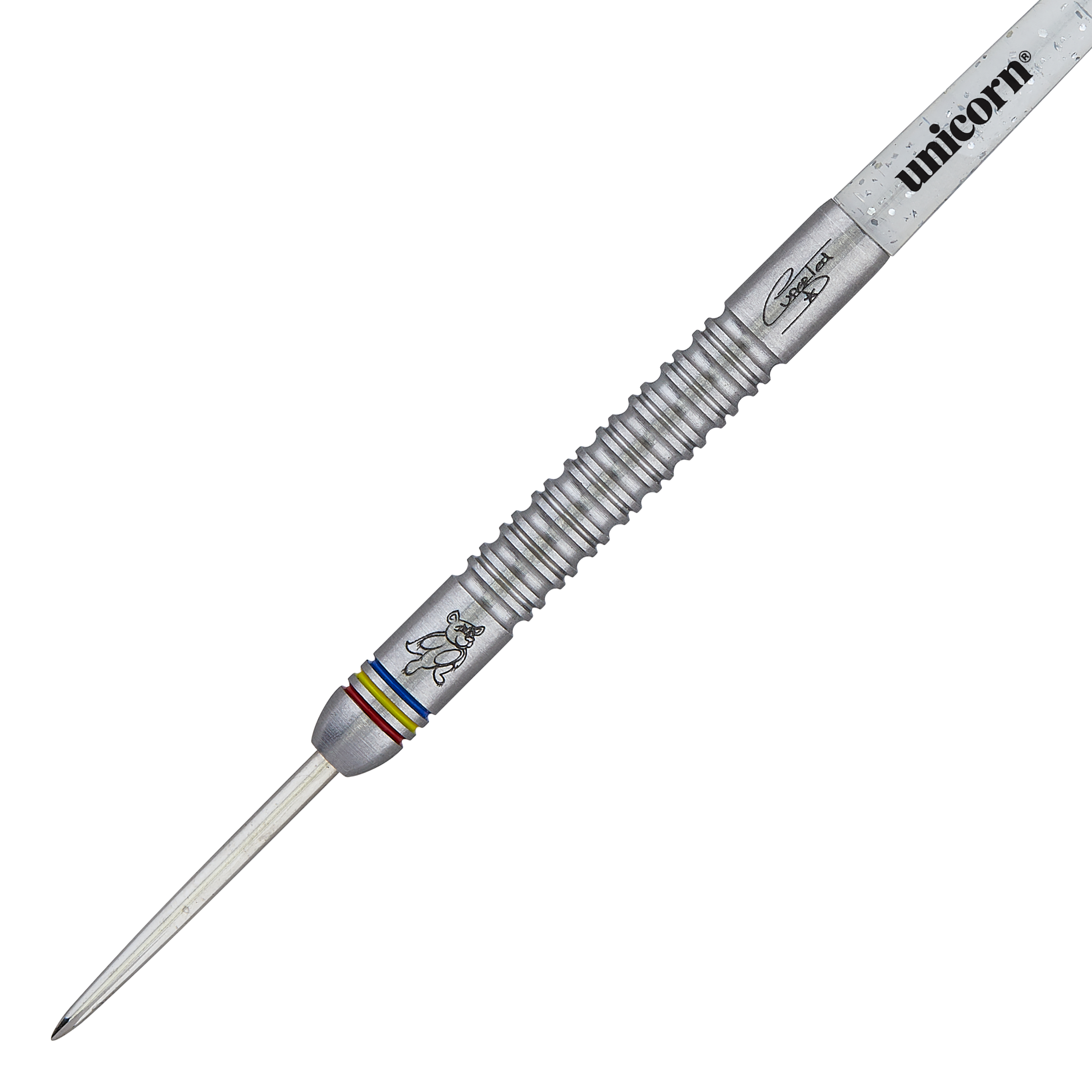 Das Bild zeigt einen Unicorn Contender Ted Evetts Phase 2 Steeldart mit einem Gewicht von 23 Gramm. Der Dart hat eine silberne Oberfläche mit Rillen und Gravuren sowie bunten Ringen am Barrel.
