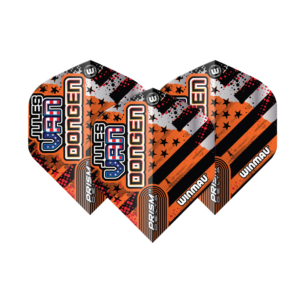Winmau Prism Delta Jules Van Dongen Standard Flights Das Bild zeigt drei Dartflights des Modells "Winmau Prism Delta Jules Van Dongen Standard Flights". Die Flights sind in Schwarz, Orange und Silber gestaltet und tragen den Namen "Jules Van Dongen".