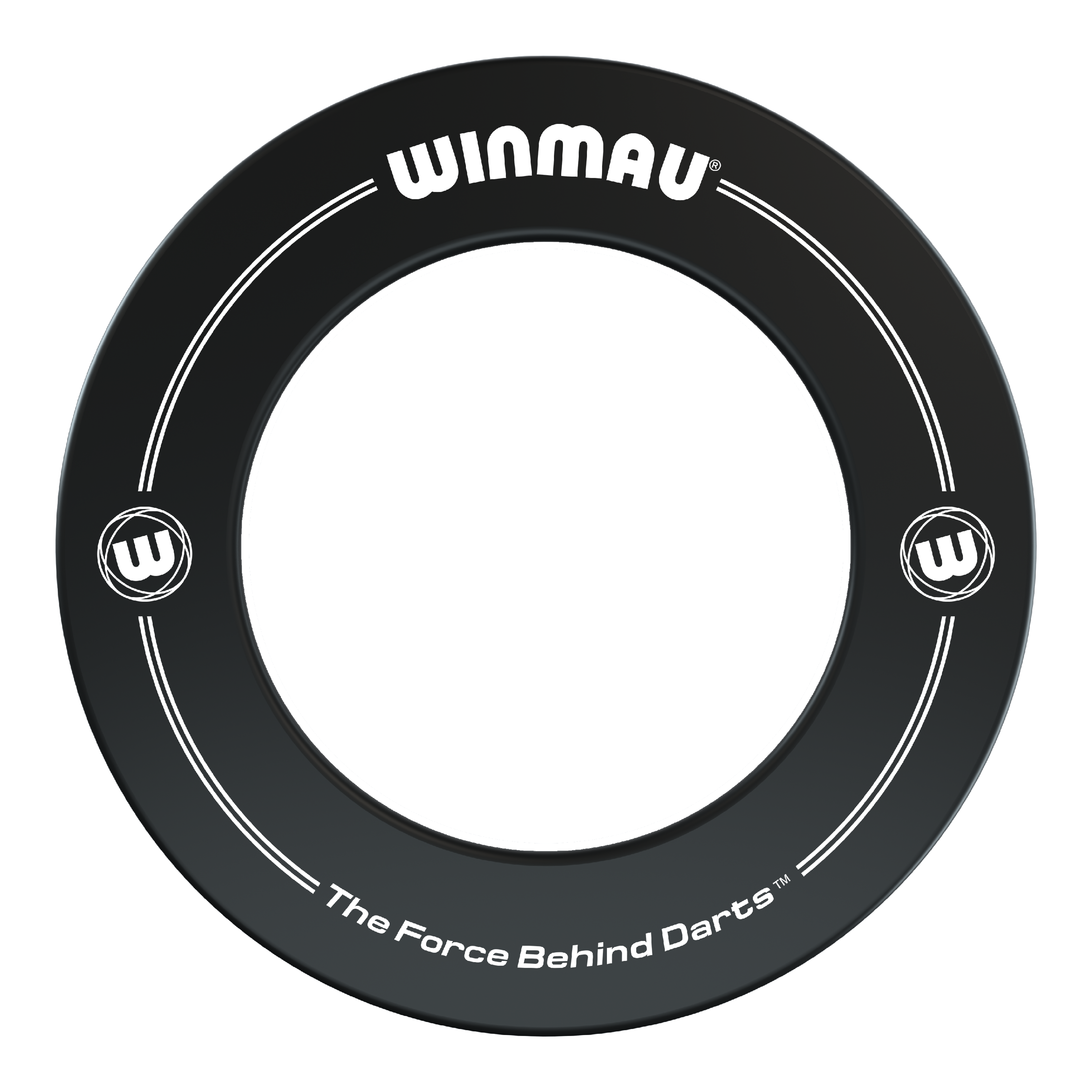 Auf dem Bild ist ein schwarzer Dartboard-Surround der Marke Winmau zu sehen. Auf dem Surround steht der Slogan „The Force Behind Darts“.