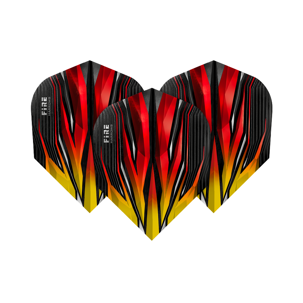HR3_Harrows_Fire_Two-Tone_Standard_Flights_1TKyLXmeLByCmQ Das Bild zeigt drei Harrows Fire Two-Tone Standard Flights für Dartpfeile. Die Flights sind in auffälligen Rot-, Gelb- und Schwarztönen gestaltet und haben ein modernes, flammenartiges Design.