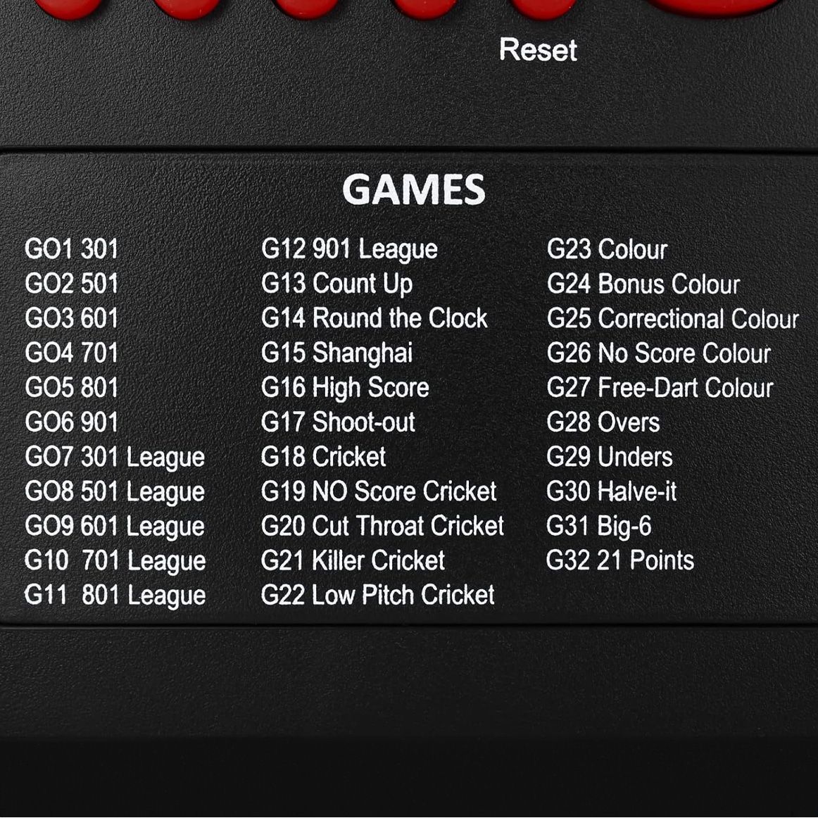 Licznik rzutek XQMax Dublin Das Bild zeigt eine Spieleliste auf dem XQMax Dublin Dart Counter. Es sind verschiedene Dartspiele mit ihren jeweiligen Spielnummern zu sehen.