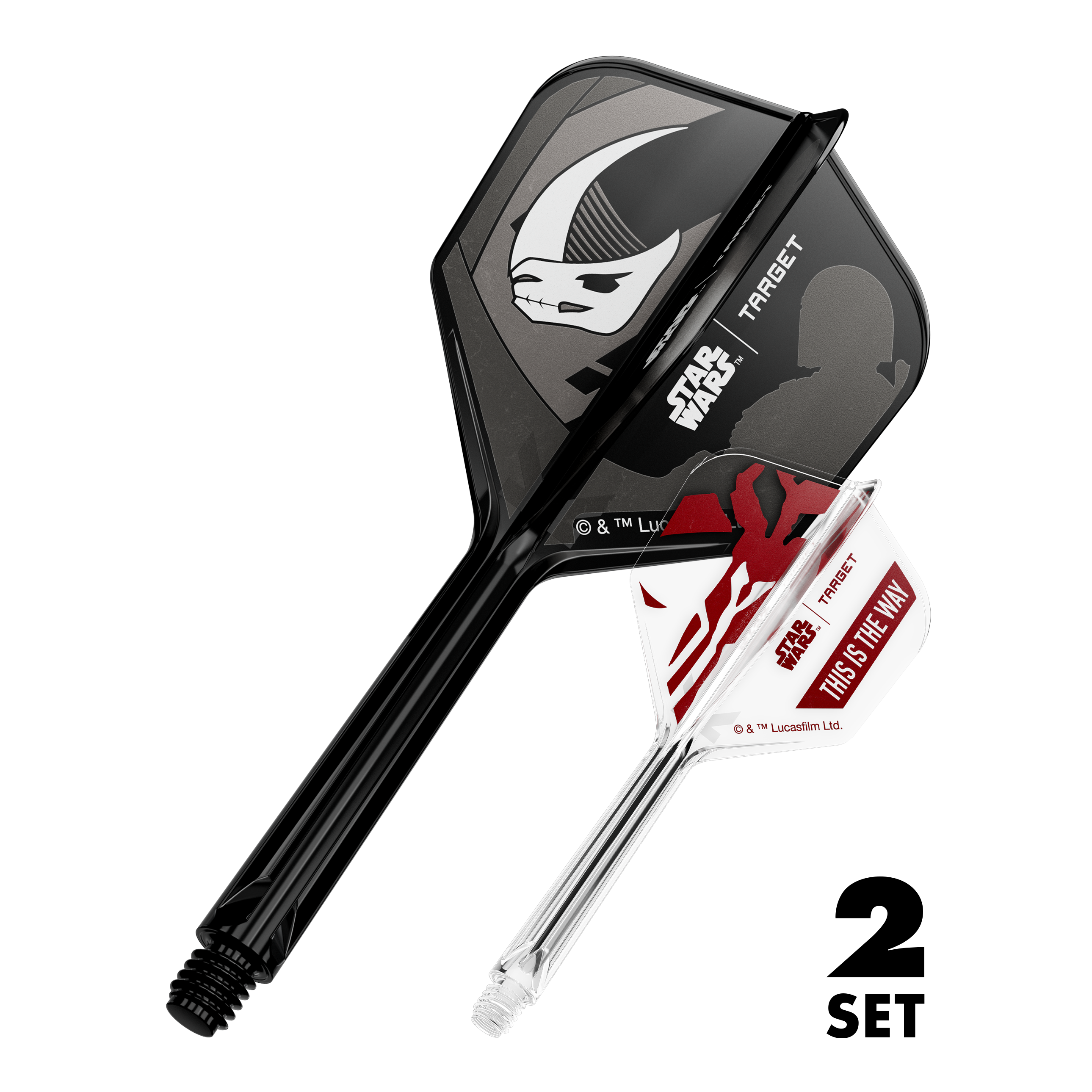 Zestaw Target Star Wars K-Flex Mandalorian No6 Flights Das Bild zeigt den Artikel '410625_Target_StarWars_K-Flex_Mandalorian_2PackSet_No6_Flights_33mm_1'. Es handelt sich wahrscheinlich um Dart-Flights mit Star Wars Mandalorian Motiv.