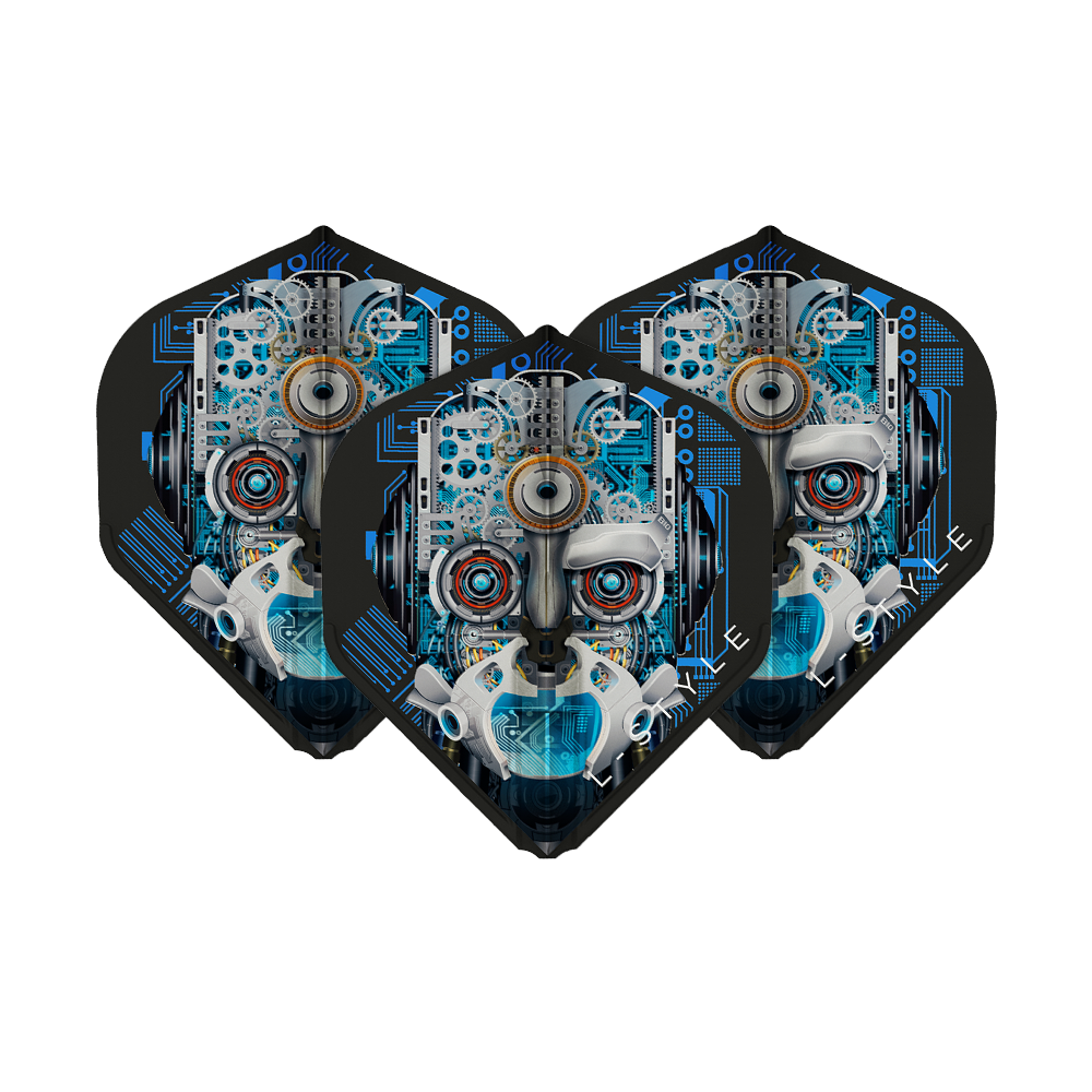 Das Bild zeigt drei schwarze Dart-Flights mit einem auffälligen, technischen Roboter-Gesicht als Design. Die Flights sind das Modell "L-Style Berry Van Peer V3 Black L1EZ".
