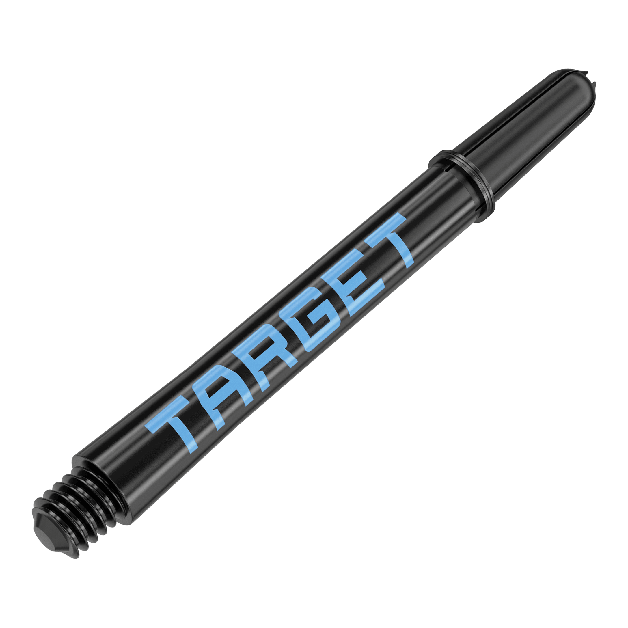 Wałki Target Pro Grip TAG – 3 zestawy – czarno-niebieskie Das Bild zeigt einen schwarzen Dart-Schaft mit blauer Schrift, auf dem "TARGET" steht. Der Schaft hat ein Gewinde am Ende zur Befestigung am Dartpfeil.