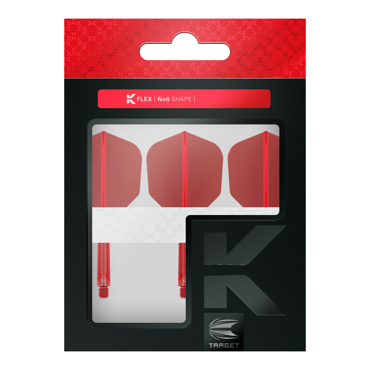 System lotu Target K-Flex No6 - czerwony Das Bild zeigt eine Verpackung mit drei roten Dartflights und Schäften. Die Marke "Target" und die Produktbezeichnung "K-Flex No6 Shape" sind auf der Verpackung sichtbar.