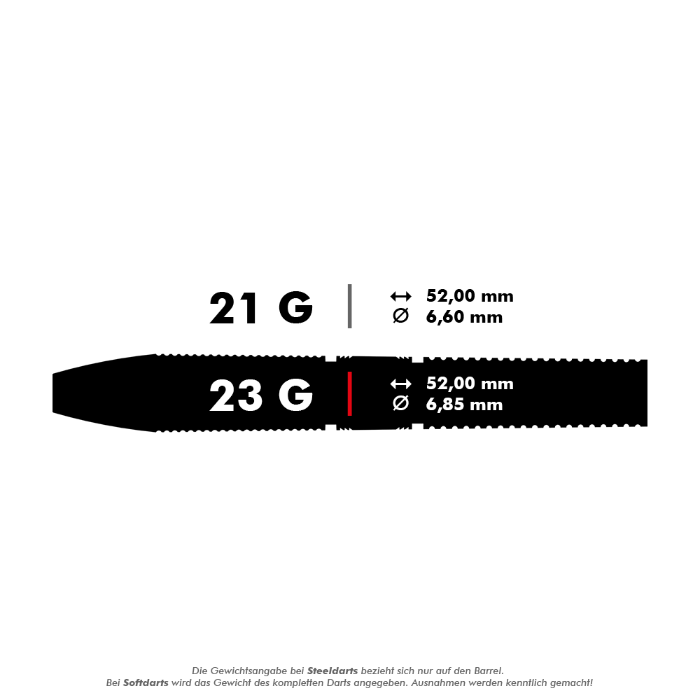 190227_Target_Gabriel_Clemens_Black_Edition_Steeldarts_5_23g Das Bild zeigt die technischen Daten eines Steeldarts mit 23 Gramm Gewicht. Die Länge beträgt 52,00 mm und der Durchmesser 6,85 mm.