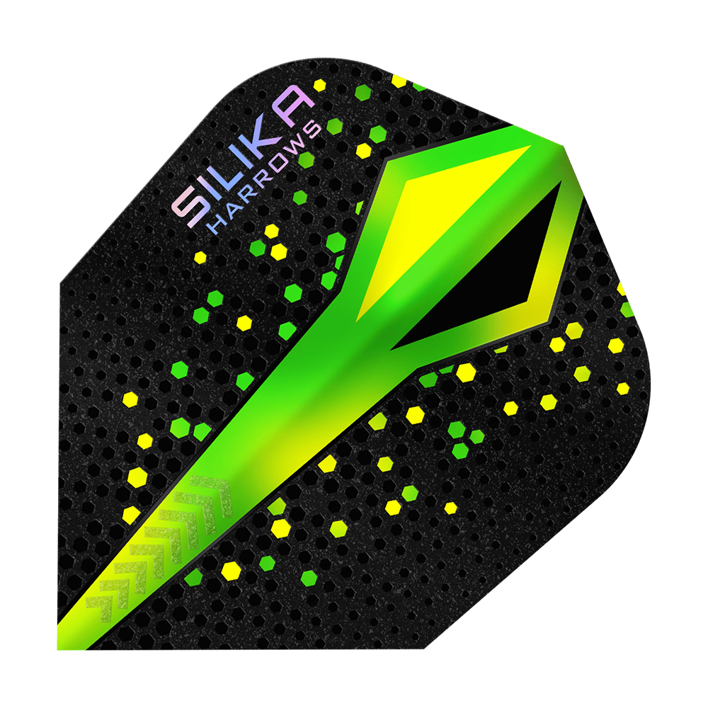 Powłoka krystaliczna Harrows Silika Colourshift Tough Crystalline Coating Green No6 Flights Das Bild zeigt ein Dart-Flügel von Harrows mit dem Namen "Silika Colourshift Tough Crystalline Coating Green No6". Das Design ist schwarz mit grünen und gelben Akzenten sowie einem auffälligen grünen Muster in der Mitte.