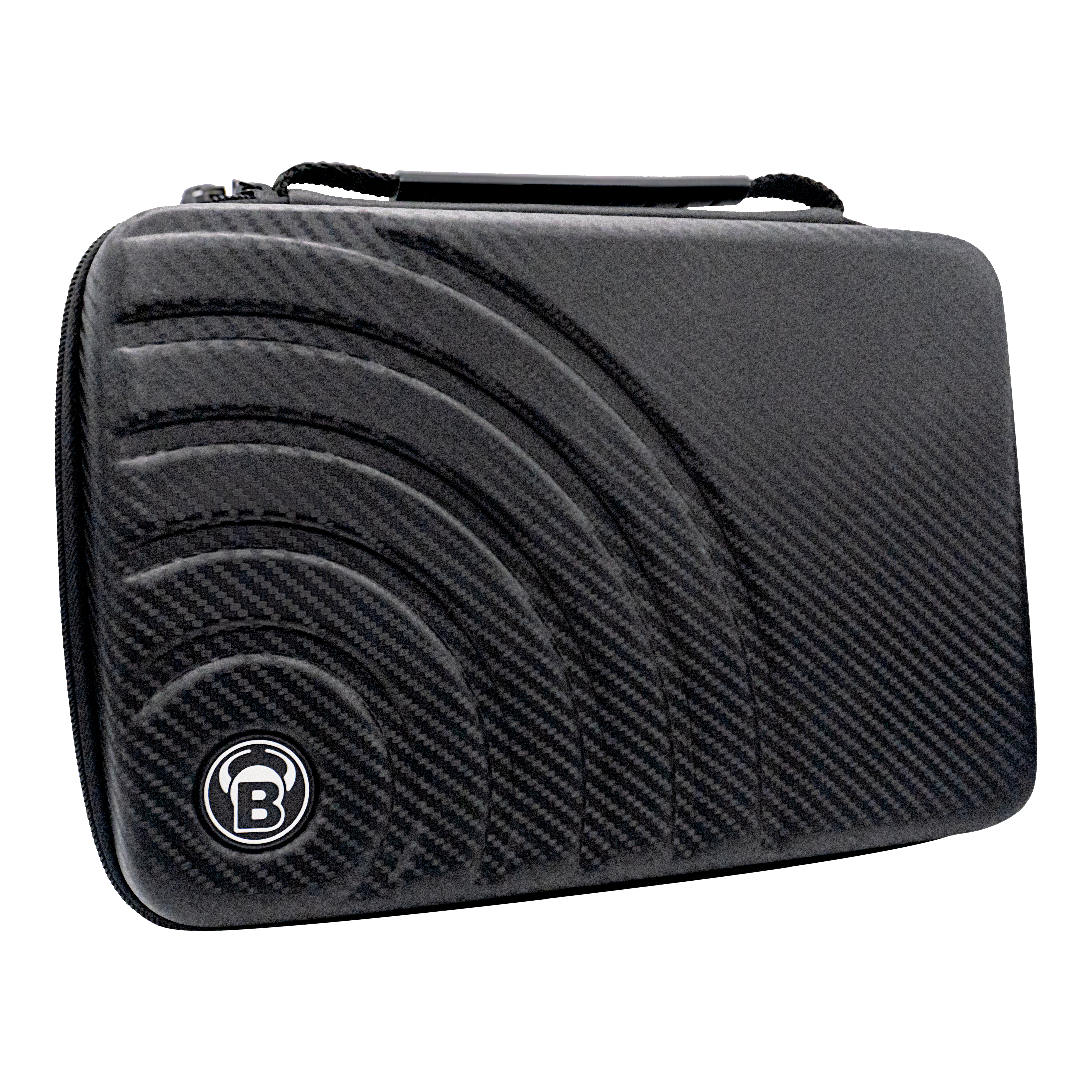Das Bild zeigt das "Bulls Orbis XXL Dartcase" in Carbongrau. Das Etui hat ein modernes, karbonähnliches Design mit einem eingelassenen Muster und dem Bulls-Logo.