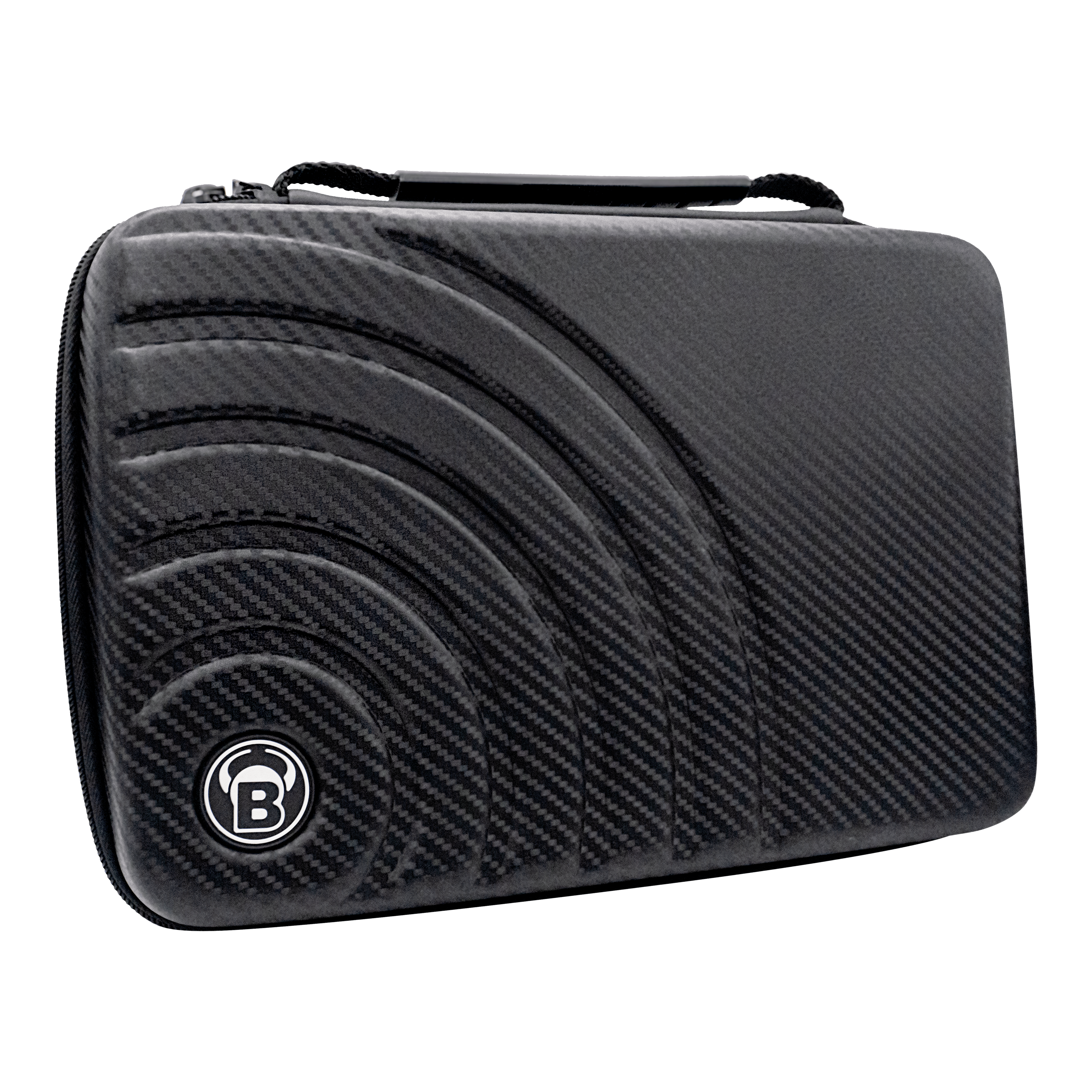 Etui na lotki Bulls Orbis XXL - karbonowo-szare Das Bild zeigt das "Bulls Orbis XXL Dartcase" in Carbongrau. Das Etui hat ein modernes, karbonähnliches Design mit einem eingelassenen Muster und dem Bulls-Logo.