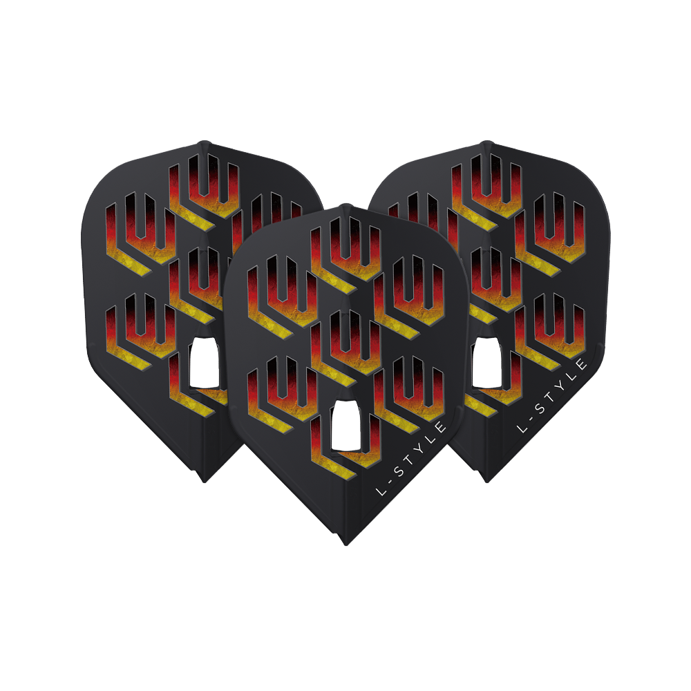 L-L-Styleukas Wenig V1 Black L3PRO Flights Das Bild zeigt drei schwarze Dart-Flights mit einem auffälligen roten und gelben Muster. Auf jedem Flight steht unten rechts das Wort "L-STYLE".