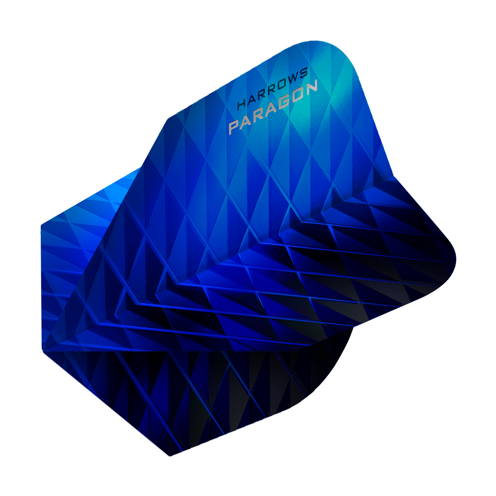 HR7601_Harrows_Paragon_Blue_No2_Standard_Flights_2 Das Bild zeigt die Harrows Paragon Blue No2 Standard Flights für Darts. Die Flights haben ein markantes, blaues geometrisches Design.