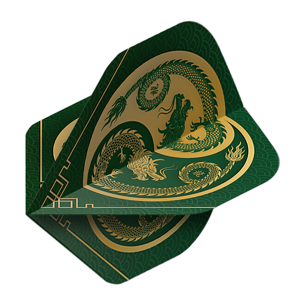 Pentathlon Flights Dragon zielony Das Bild zeigt die Pentathlon Dragon 3 Standard Flights. Sie sind grün mit einem goldenen Drachenmotiv verziert.