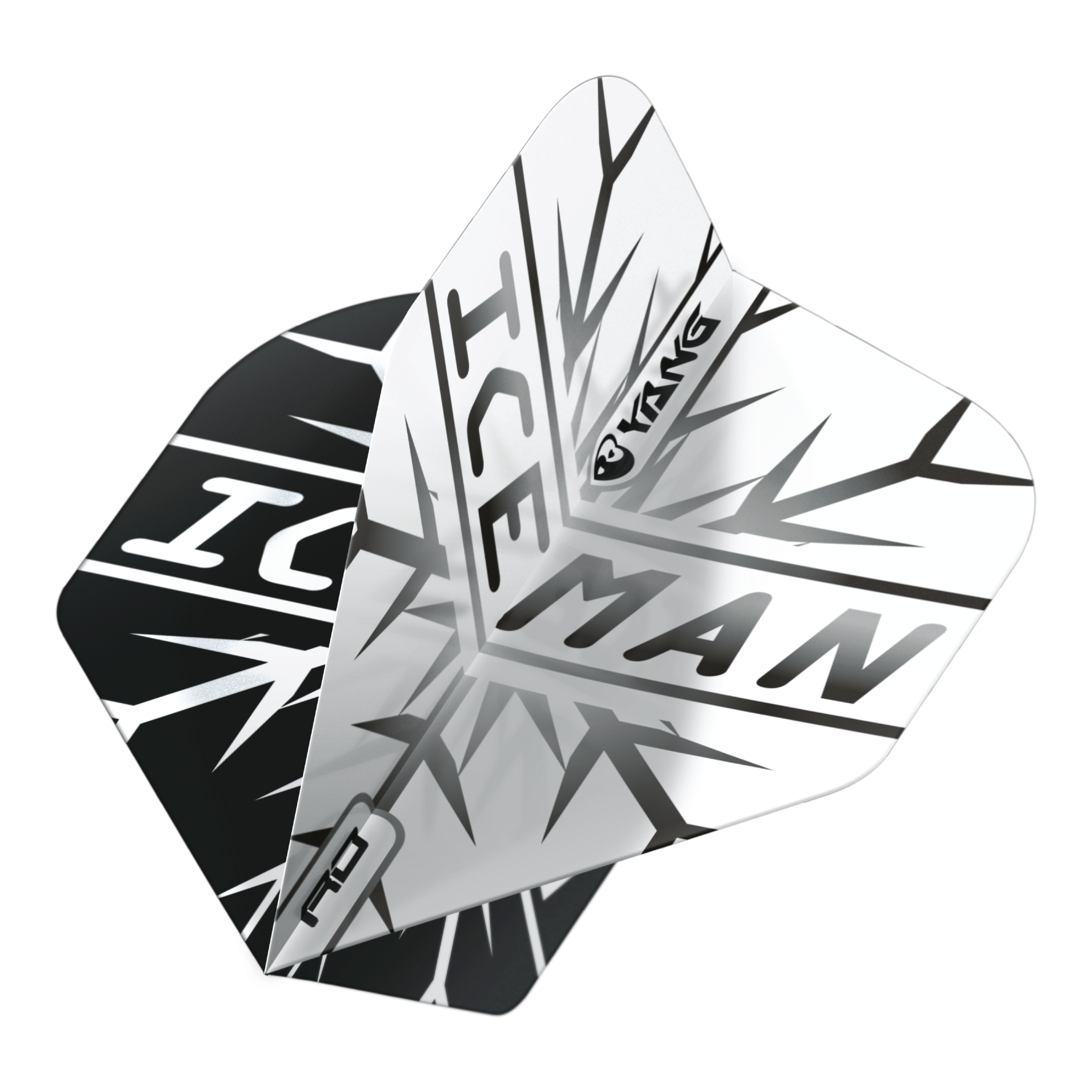 Red Dragon Gerwyn Price Iceman Czarno-Biały Yin Yang Standardowe Loty Das Bild zeigt zwei Dartflights in Schwarz und Weiß mit dem Schriftzug "ICEMAN" und einem auffälligen Eismuster. Auf den Flights ist zudem das Wort "Yin Yang" zu sehen.