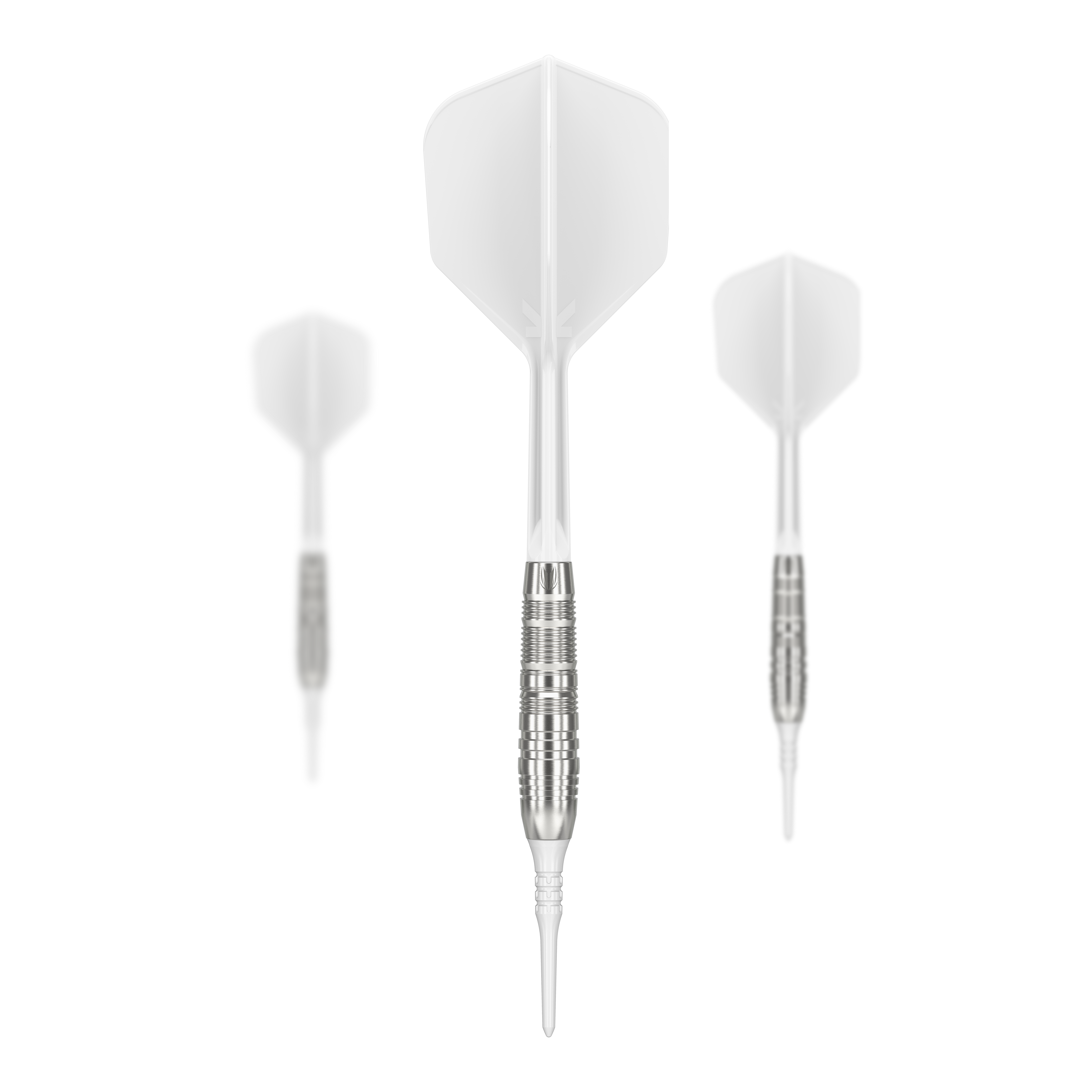 Target Japan Crux Trust Soft Darts - 17g Das Bild zeigt drei weiße Softdarts des Produkts „Target Japan Crux Trust Softdarts - 17g“. Die Darts haben silberne Griffe und weiße Flights.