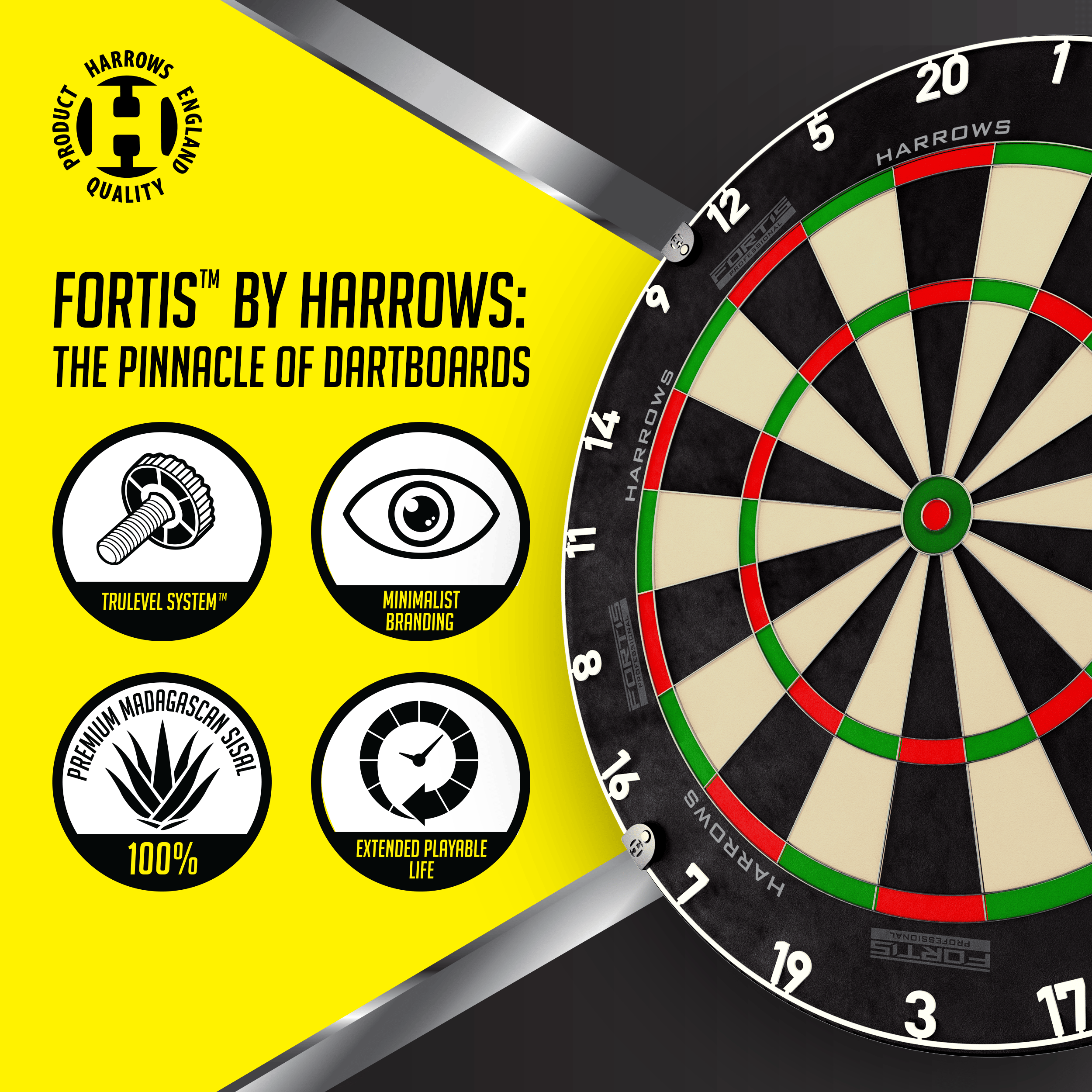 Stalowa tarcza do darta Harrows Fortis Das Foto zeigt ein Harrows Fortis Steeldartboard. Es ist für professionelle Dartspieler geeignet.