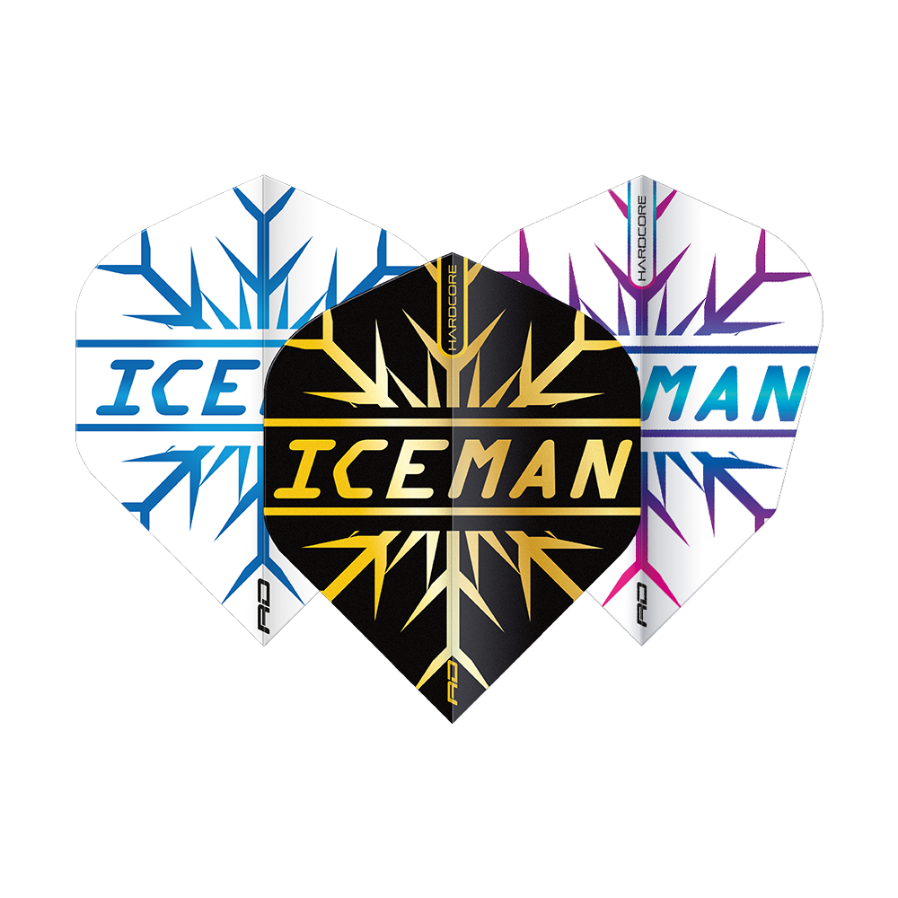 X0808_Red_Dragon_Gerwyn_Price_Hardcore_Flight_Set_1T9edF8pO0R194 Das Bild zeigt das Red Dragon Gerwyn Price Hardcore Flight Set, bestehend aus drei Dart-Flights. Auf jedem Flight steht in großer Schrift das Wort "ICEMAN" und sie haben unterschiedliche Farbkombinationen.
