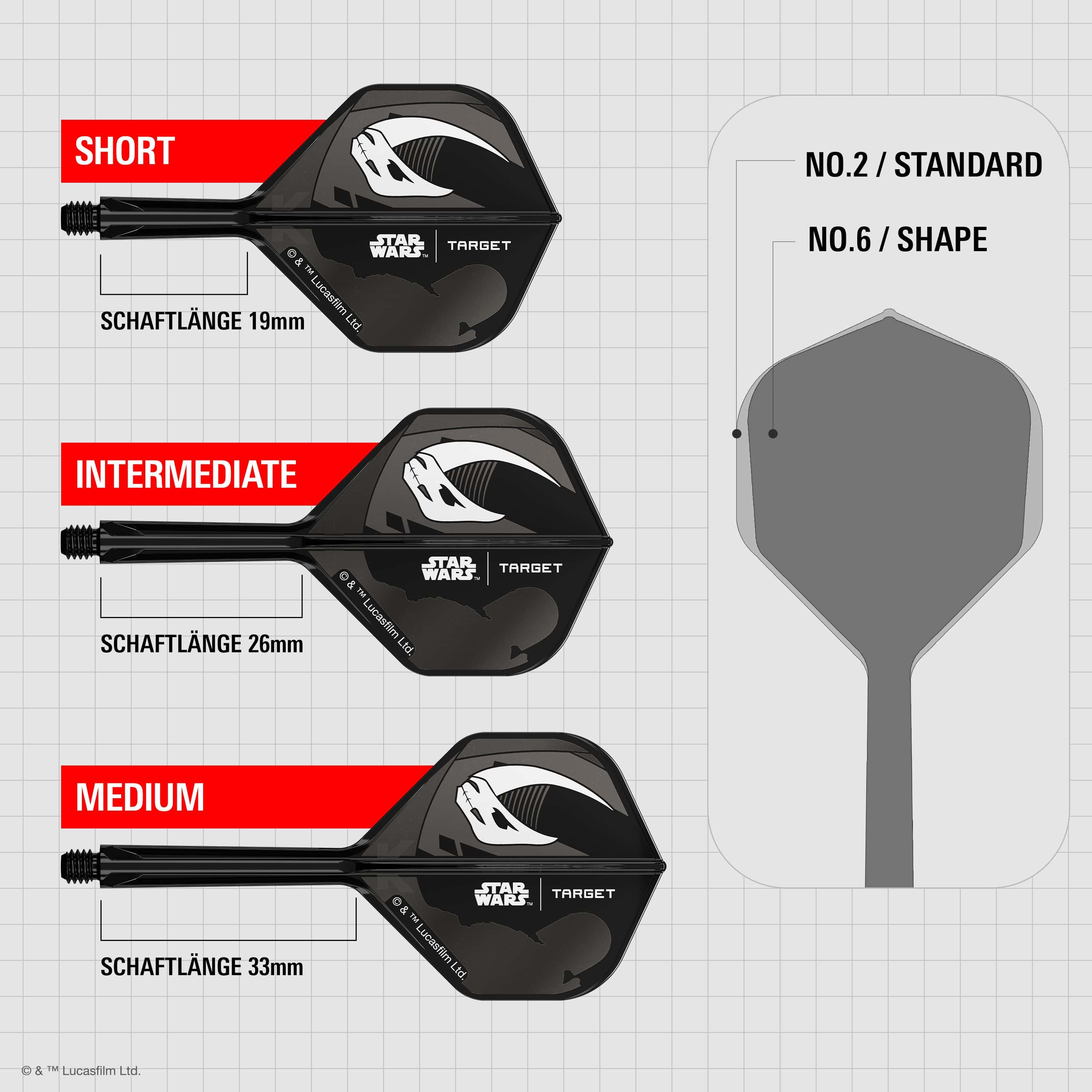 Zestaw Target Star Wars K-Flex Mandalorian No6 Flights Das Bild zeigt das Target Star Wars K-Flex-Set Mandalorian No2 Standard Flights. Es handelt sich um zwei Dart Flights mit Mandalorian-Motiv aus Star Wars.
