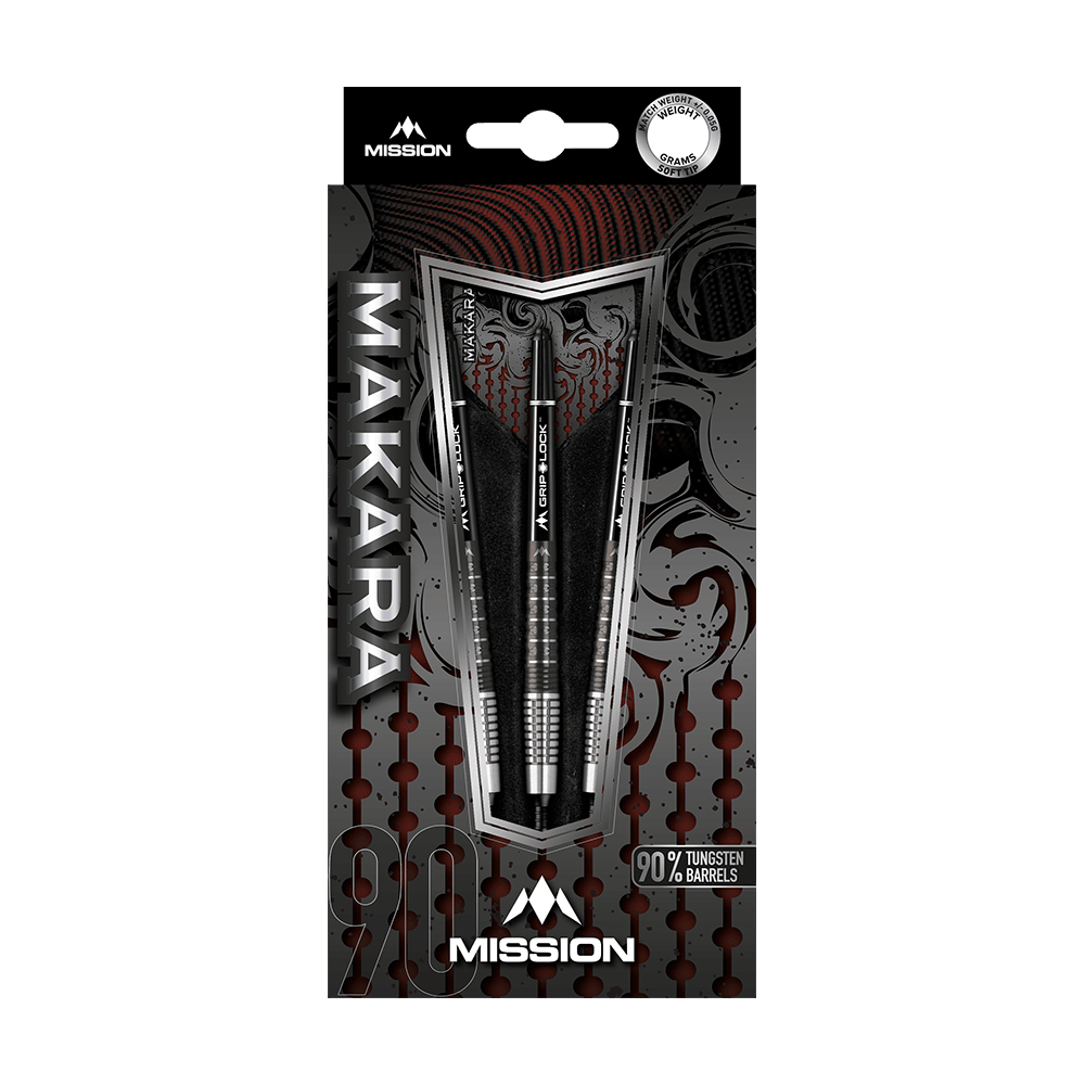 Das Bild zeigt die Verpackung der Mission Makara M2 Softdarts mit einem Gewicht von 20g. Die Darts bestehen zu 90 % aus Tungsten und sind ansprechend gestaltet.