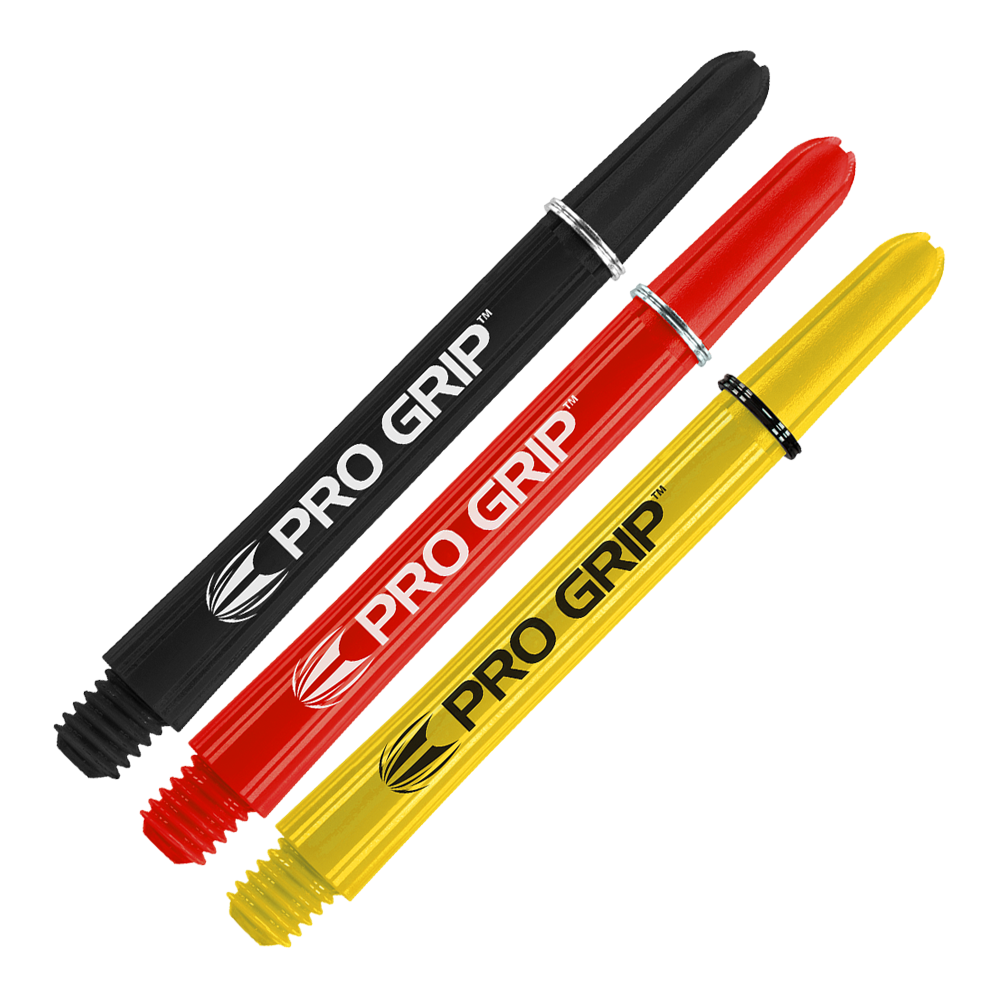 Das Bild zeigt drei Dartschäfte in den Farben Schwarz, Rot und Gelb. Auf jedem Schaft steht der Schriftzug "PRO GRIP".