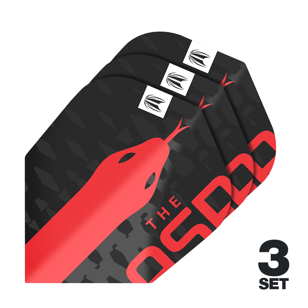 Target Pro Ultra Nathan Aspinall No6 Loty - 3 Zestawy Das Bild zeigt drei Sätze der Target Pro Ultra Nathan Aspinall No6 Flights für Darts. Das Design ist schwarz mit einem auffälligen roten Schlangenmuster und dem Text „THE ASP“.