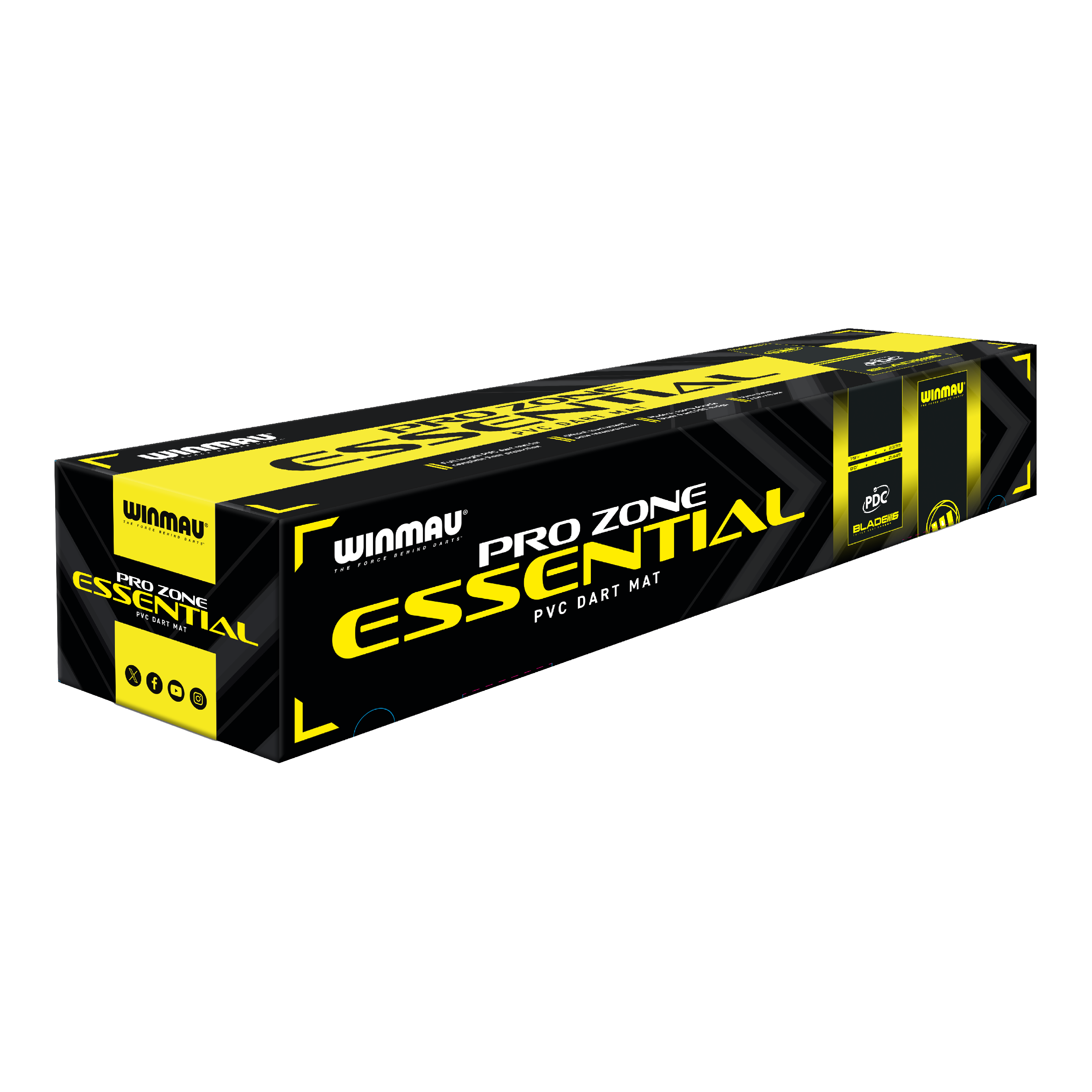Mata do rzutek Winmau Pro-Zone Essential PVC Die Abbildung zeigt die Verpackung der 'Winmau Pro-Zone Essential PVC Dartmatte'. Die Box ist in den Farben Schwarz und Gelb gestaltet und trägt deutlich das Produktlogo.