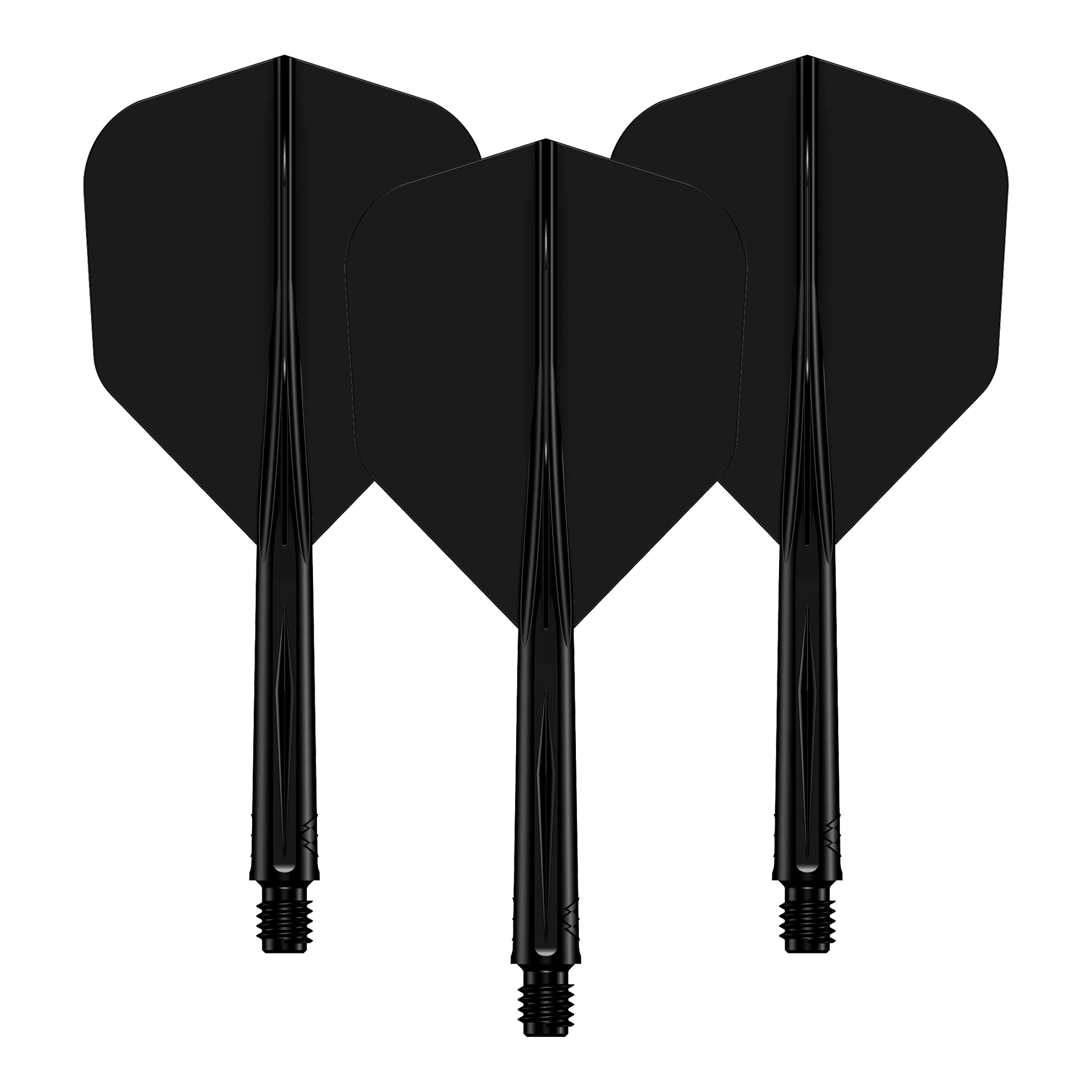 System wału lotniczego Mission Force 90 No6 – czarny Das Bild zeigt drei schwarze Dart-Flights mit daran befestigten Schäften. Sie sind nebeneinander angeordnet und haben ein schlichtes, einfarbiges Design.