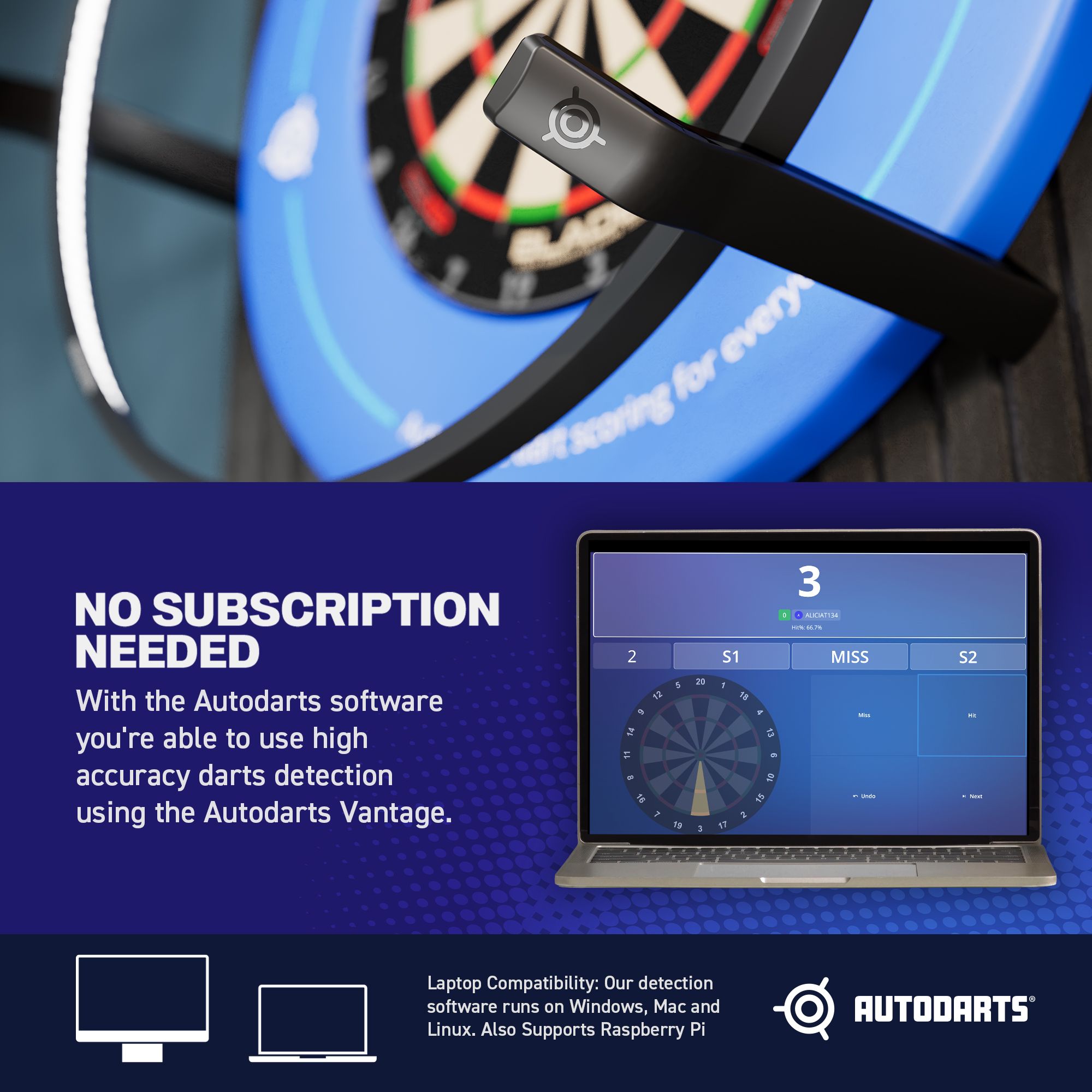 System automatycznego punktowania Autodarts Vantage Dieses Bild zeigt das Produkt mit dem Dateinamen 838001_Autodarts_Vantage_Auto-Scoring-System_9. Es handelt sich wahrscheinlich um ein Dart-Zubehör oder ein Autodarts-System.