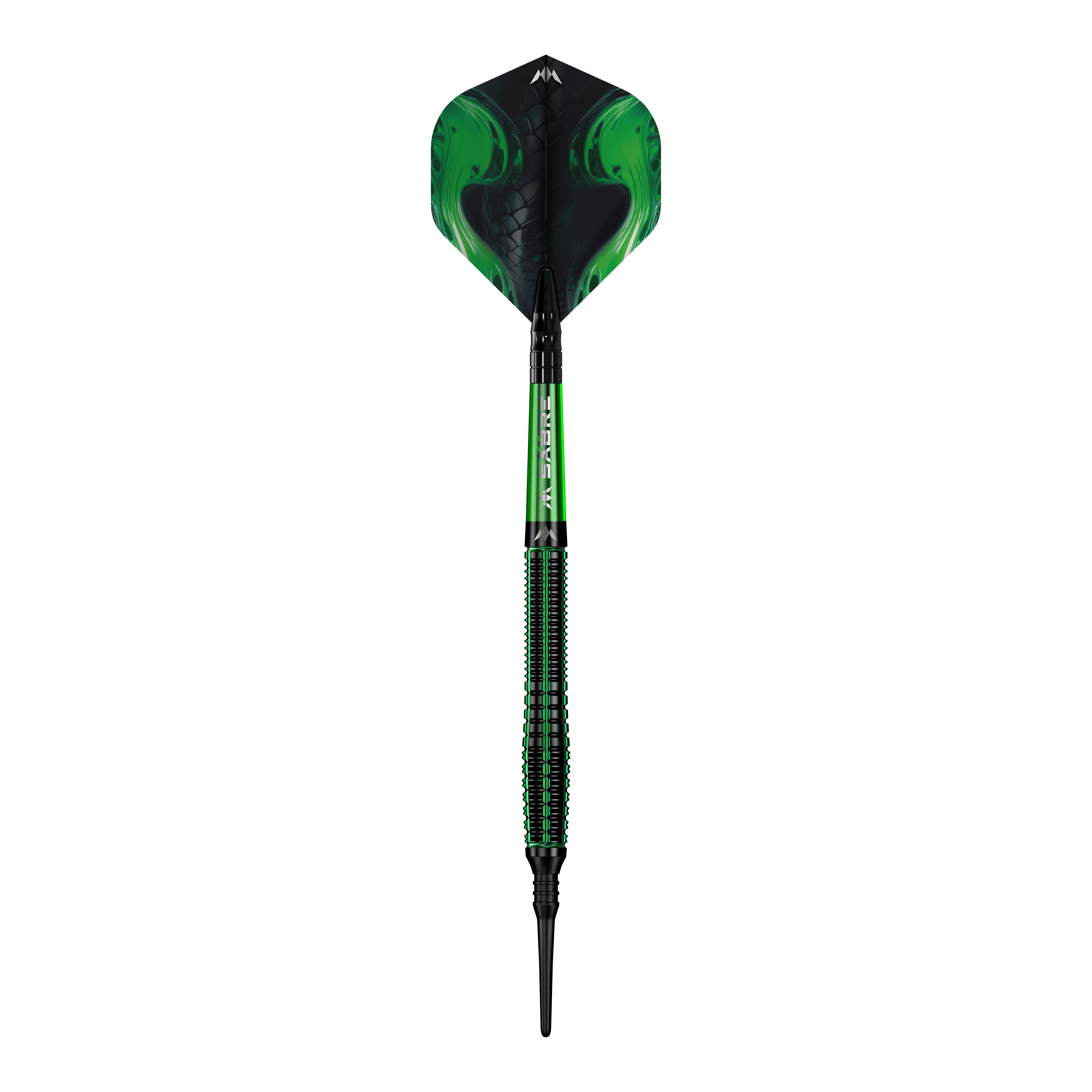 Miękkie lotki Mission Venom - 20g Das Bild zeigt einen Softdart namens "Mission Venom Softdarts - 20g". Der Dart ist überwiegend schwarz und grün gestaltet und hat ein auffälliges, modernes Design.