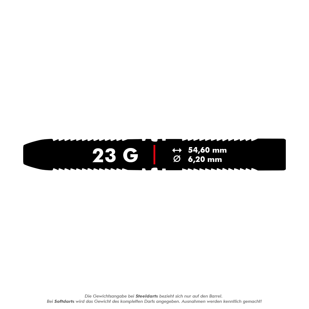 RD2173_Red_Dragon_Peter-Wright_Snakebite_World_Champion_2020_Edition_Steeldarts_5_23g_Solo Das Bild zeigt einen Steeldart mit der Aufschrift "23 G". Die Länge beträgt 54,60 mm und der Durchmesser 6,20 mm.