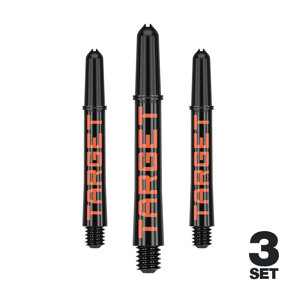Wałki Target Pro Grip TAG – 3 zestawy – czarno-pomarańczowe Das Bild zeigt drei schwarze Dartschäfte mit orangener Schrift „TARGET“. In der rechten unteren Ecke steht „3 SET“.