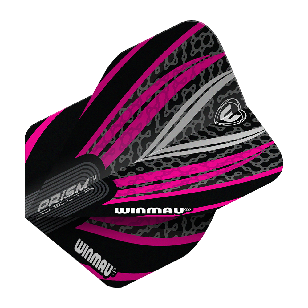 Winmau Prism Delta Czarno-Biało-Różowy Nr 2 Standardowe Loty Das Bild zeigt ein Winmau Prism Delta No2 Standard Dartflight in den Farben Schwarz, Weiß und Pink. Das Flight hat ein auffälliges, modernes Design mit grafischen Mustern und dem Winmau-Logo.