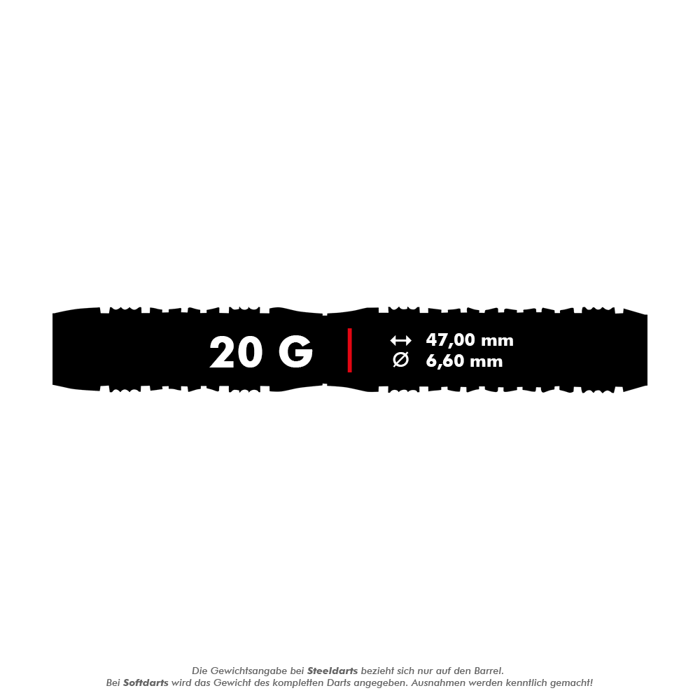 Miękkie lotki Shot Viking Wolf - 20g Das Bild zeigt die Produktangaben für die Shot Viking Wolf Softdarts mit einem Gewicht von 20 Gramm. Die Darts sind 47,00 mm lang und haben einen Durchmesser von 6,60 mm.