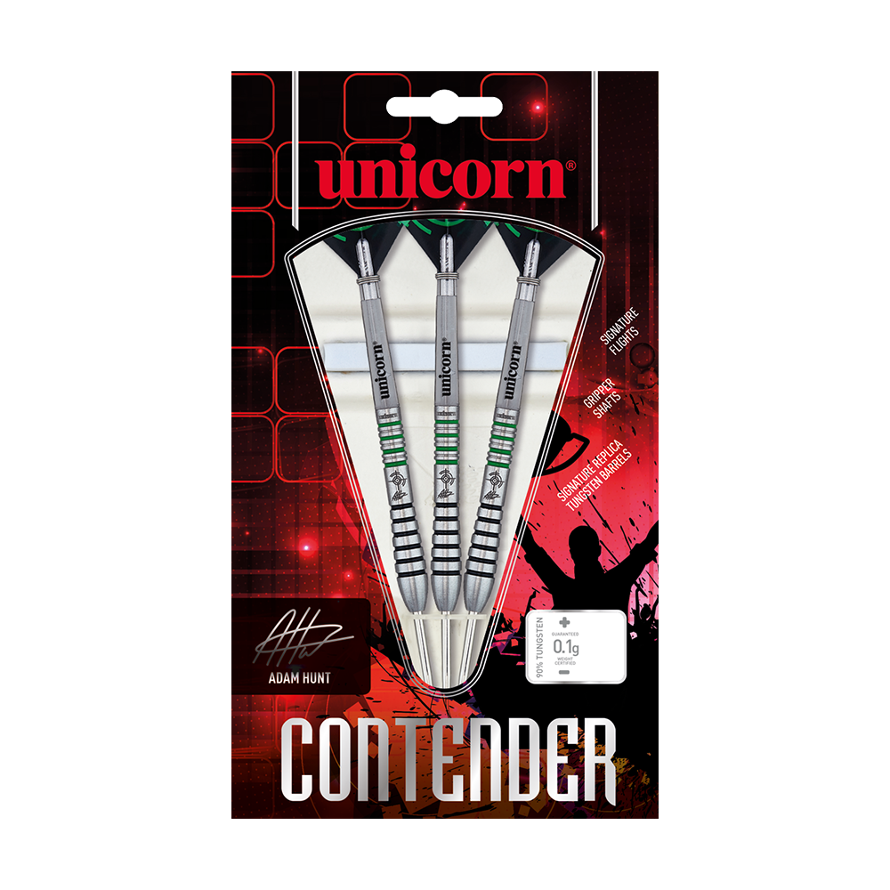 Das Bild zeigt eine Verpackung mit drei Steeldarts der Marke Unicorn, Modell "Contender 90% Adam Hunt" mit einem Gewicht von 23g. Die Verpackung ist überwiegend rot-schwarz gestaltet und zeigt die Darts deutlich sichtbar in der Mitte.