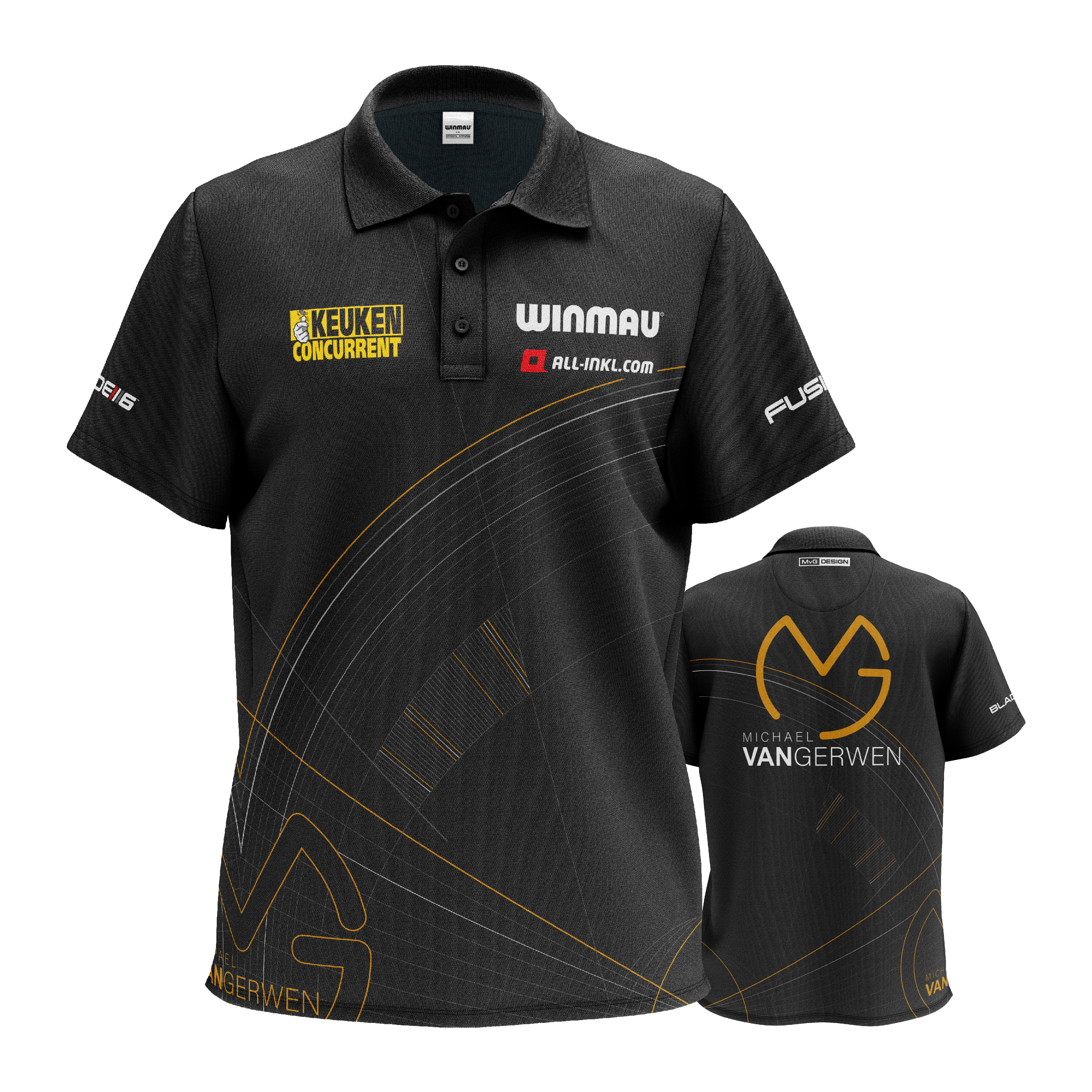 Koszulka polo dart Winmau z limitowanej edycji Das Bild zeigt ein schwarzes Dartshirt mit verschiedenen Sponsorenlogos und dezenten goldenen Linien. Auf der Rückseite steht groß der Name "Michael van Gerwen" zusammen mit einem Logo.