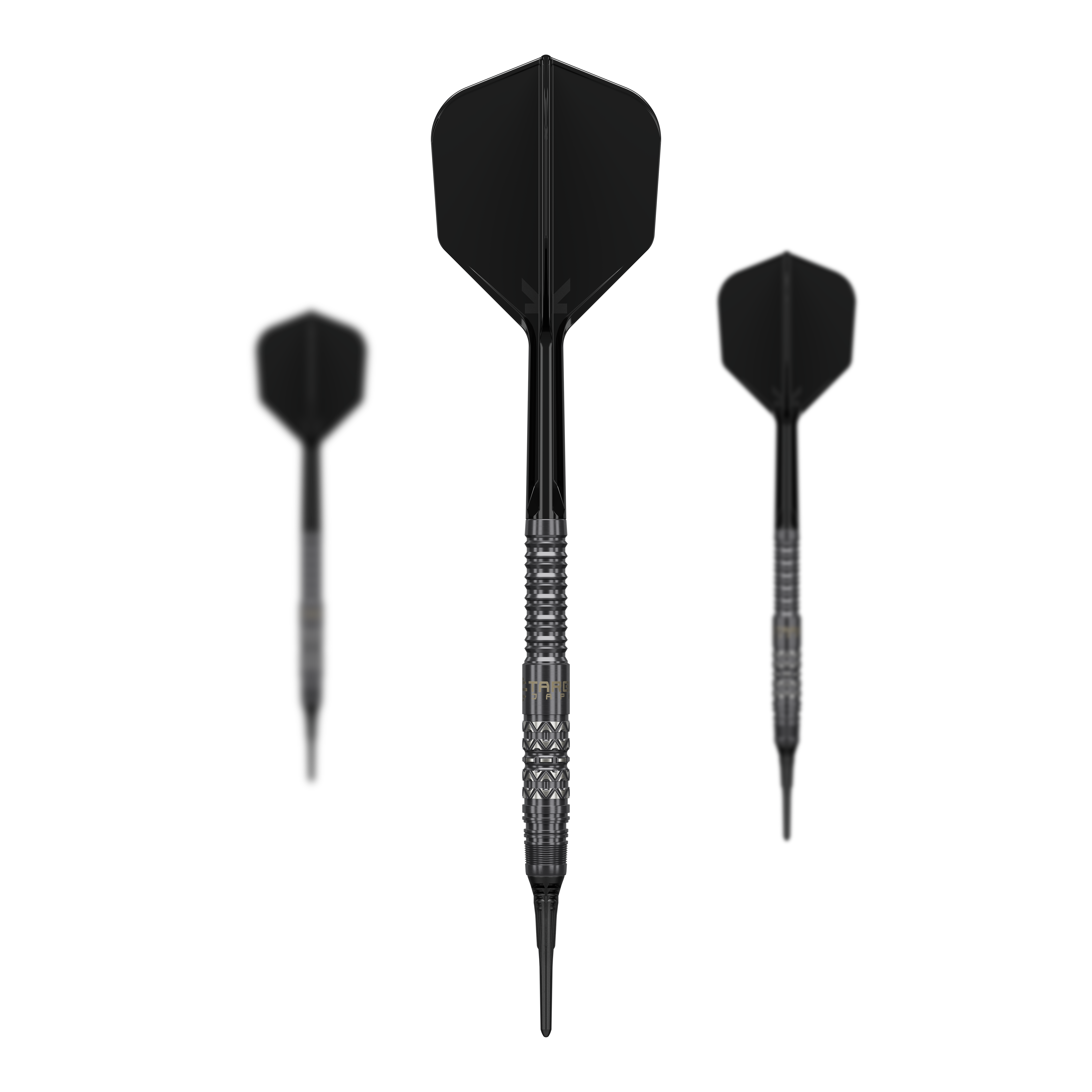 Dieses Bild zeigt das Set der Target Black Marque Creed Softdarts mit 21,5g. Mehrere Komponenten des Dartsets sind deutlich erkennbar.