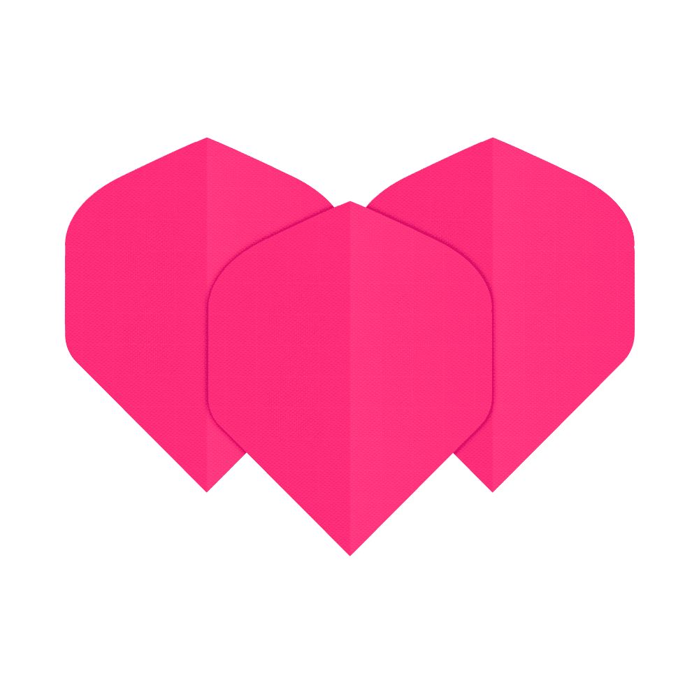 Das Bild zeigt drei Dart-Flights aus Nylon-Stoff in leuchtendem Neon-Pink. Sie sind übereinander angeordnet und haben eine klassische, breite Form.