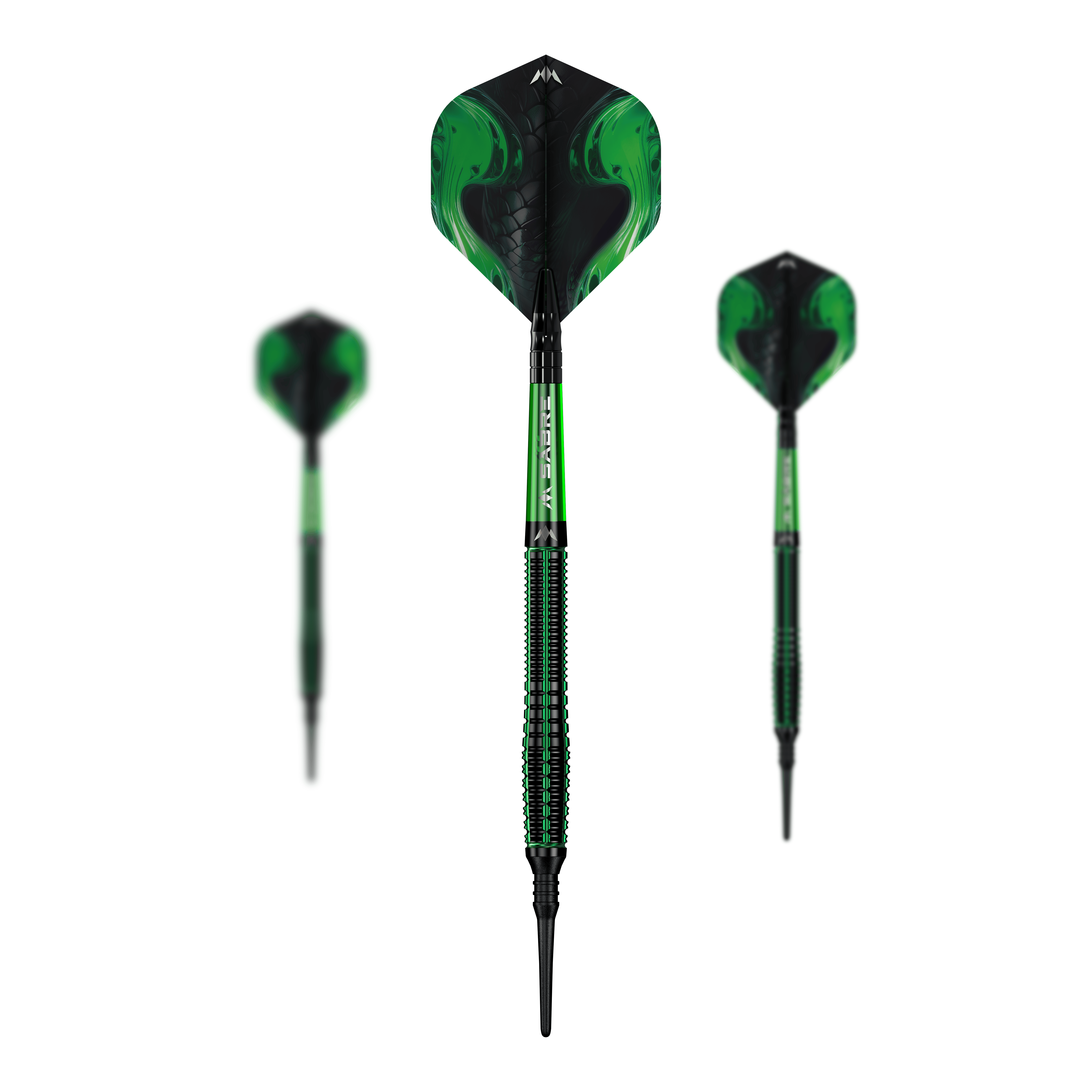 Miękkie lotki Mission Venom - 20g Mehrere Mission Venom Softdarts - 20g liegen als Set nebeneinander. Die Materialien erscheinen hochwertig.