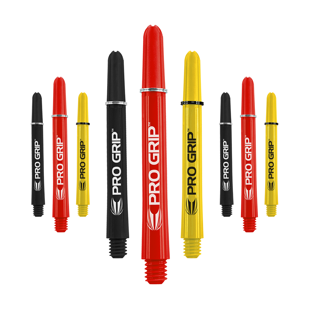 Das Bild zeigt neun Dart-Schäfte in den Farben Schwarz, Rot und Gelb. Auf jedem Schaft steht der Schriftzug „PRO GRIP“.