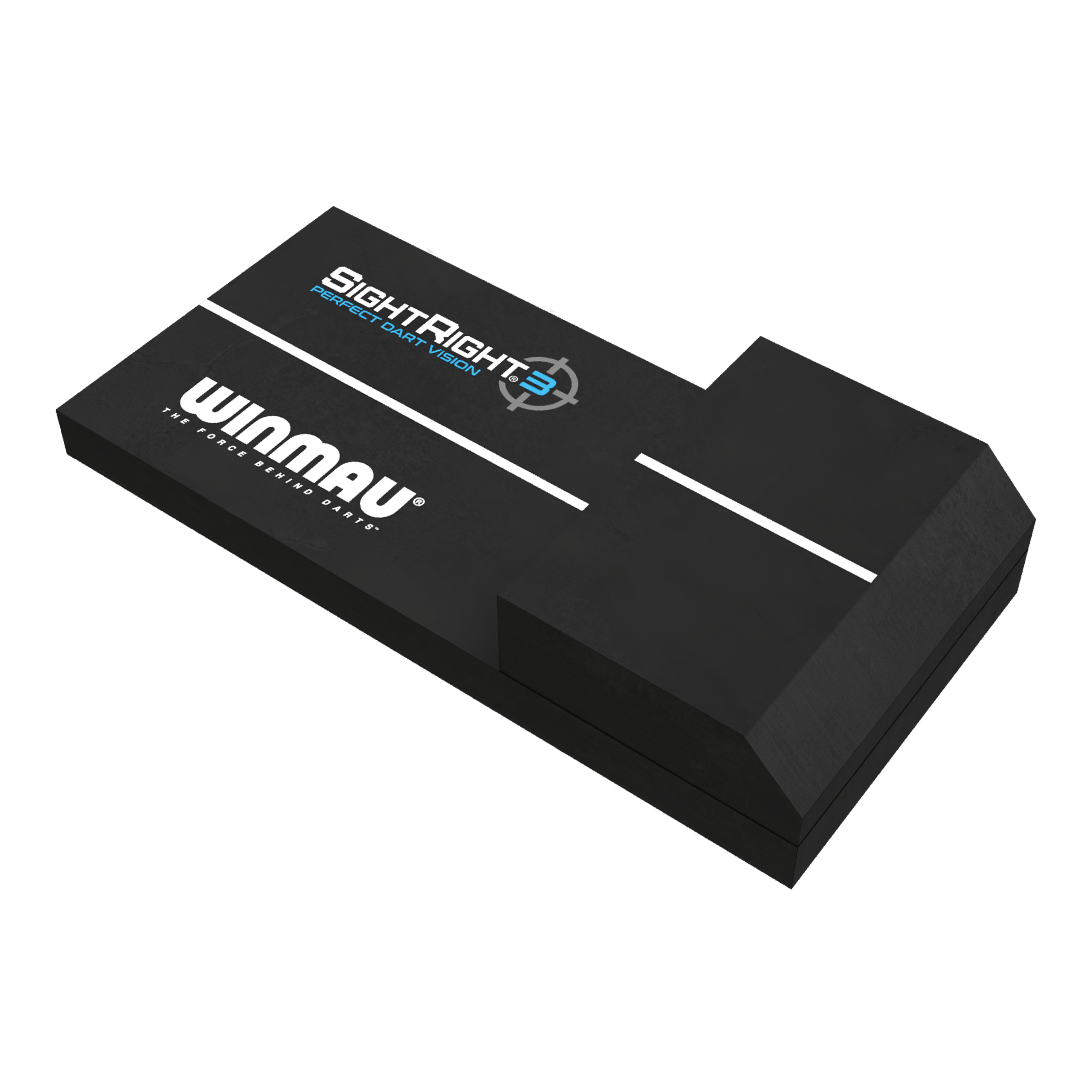 Winmau SightRight 3 - Kompaktowy Das Bild zeigt das Produkt "Winmau SightRight 3 - Compact", ein Hilfsmittel für Dartspieler. Es ist schwarz und hat weiße Linien sowie die Aufschriften "Winmau" und "SightRight 3" auf der Oberfläche.