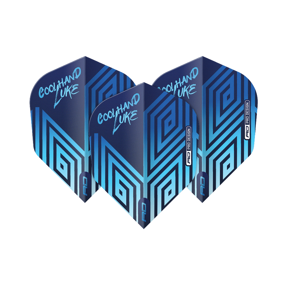 Auf dem Bild sind vier blaue Dart-Flights mit geometrischem Muster und der Aufschrift „Coolhand Luke“ zu sehen. Es handelt sich um das Produkt „Red Dragon Luke Humphries Coolhand Blue No6 Flights“.