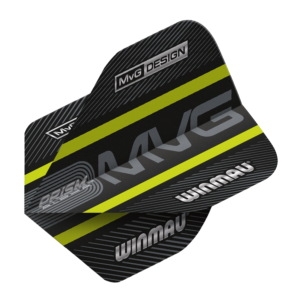 6915-188_Winmau_Prism_Alpha_MvG_Green_Standard_Flights_2 Winmau Prism Alpha MvG Green Standard Flights mit charakteristischem Muster. Die Flights sind gut angeordnet.