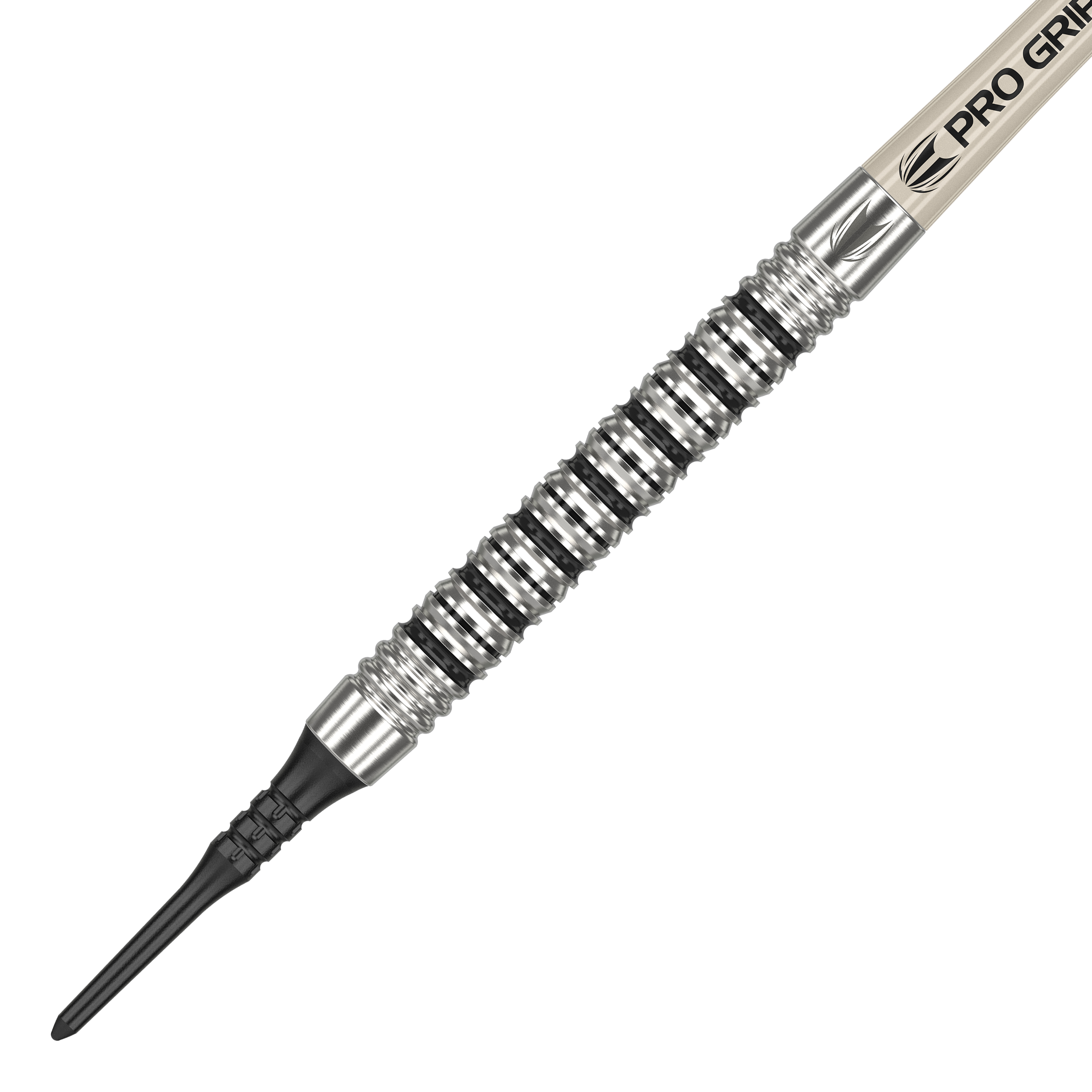 Target EXO 11 Miękkie lotki Das Bild zeigt den Target EXO 11 Softdart. Der Dart hat eine silberne, gerillte Griffzone und eine schwarze Kunststoffspitze.