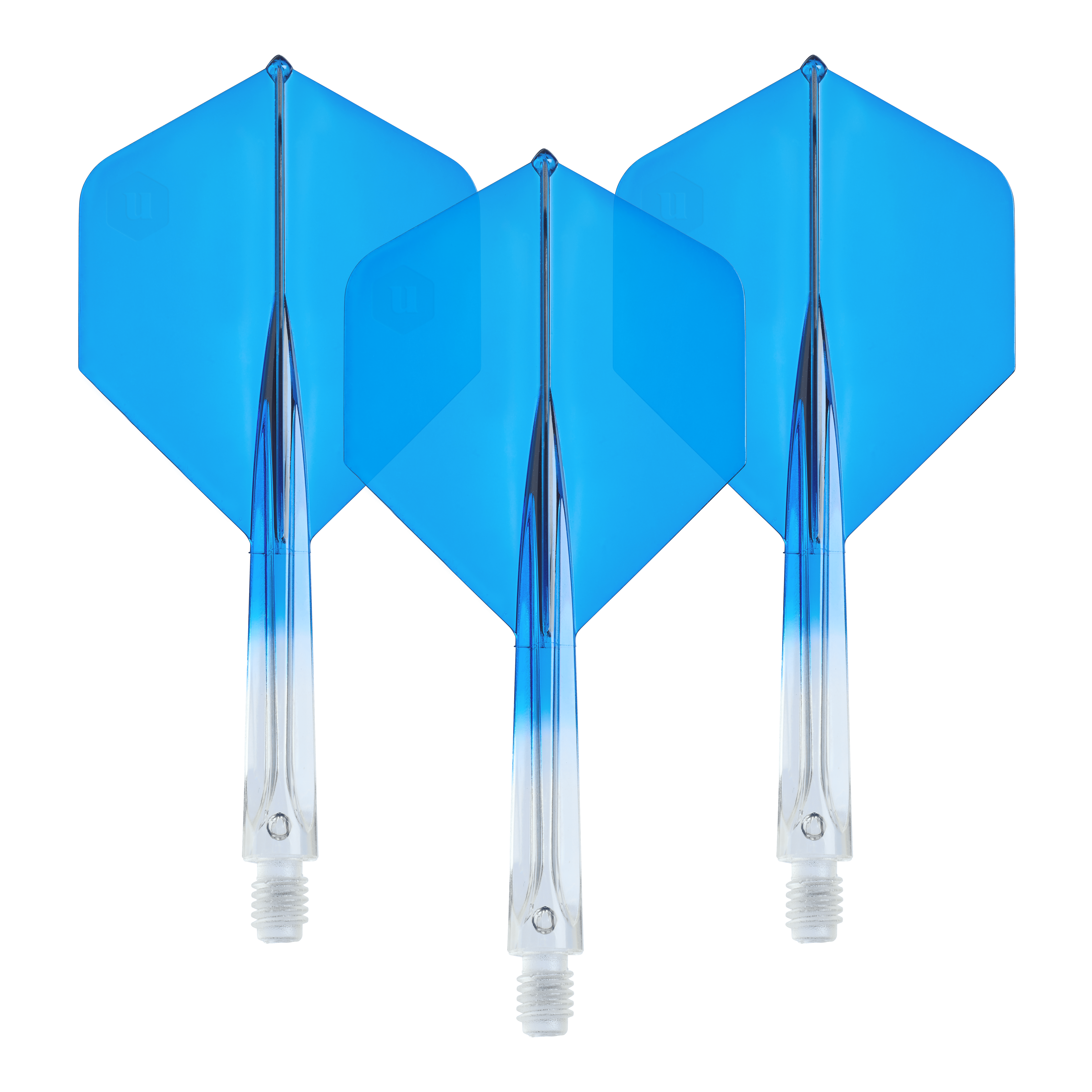 Unicorn Forge Two Tone No2 Standard Flights in Klar Blau, Medium, als Set dargestellt. Sie eignen sich zum Auswechseln für Dartpfeile.