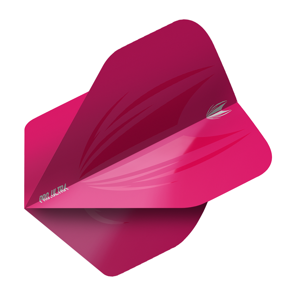 TG420_Target_ProUltra_ID_Pink_No2_Standard_Flights_2 Das Bild zeigt ein pinkes Dartflight-Set mit dem Namen "Target ProUltra ID Pink No2 Standard Flights". Das Flight besitzt eine glänzende Oberfläche mit leichten grafischen Akzenten und dem Pro Ultra-Aufdruck.