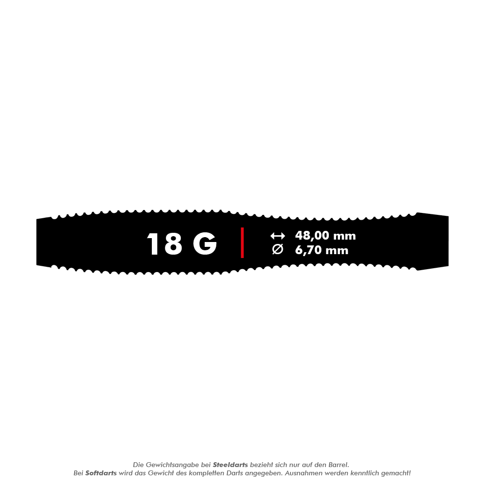 Harrows Anniversary Edition V-Wing Soft Darts - 18g Das Bild zeigt die Harrows Anniversary Edition V-Wing Softdarts mit einem Gewicht von 18 Gramm. Die Darts haben eine Länge von 48,00 mm und einen Durchmesser von 6,70 mm.